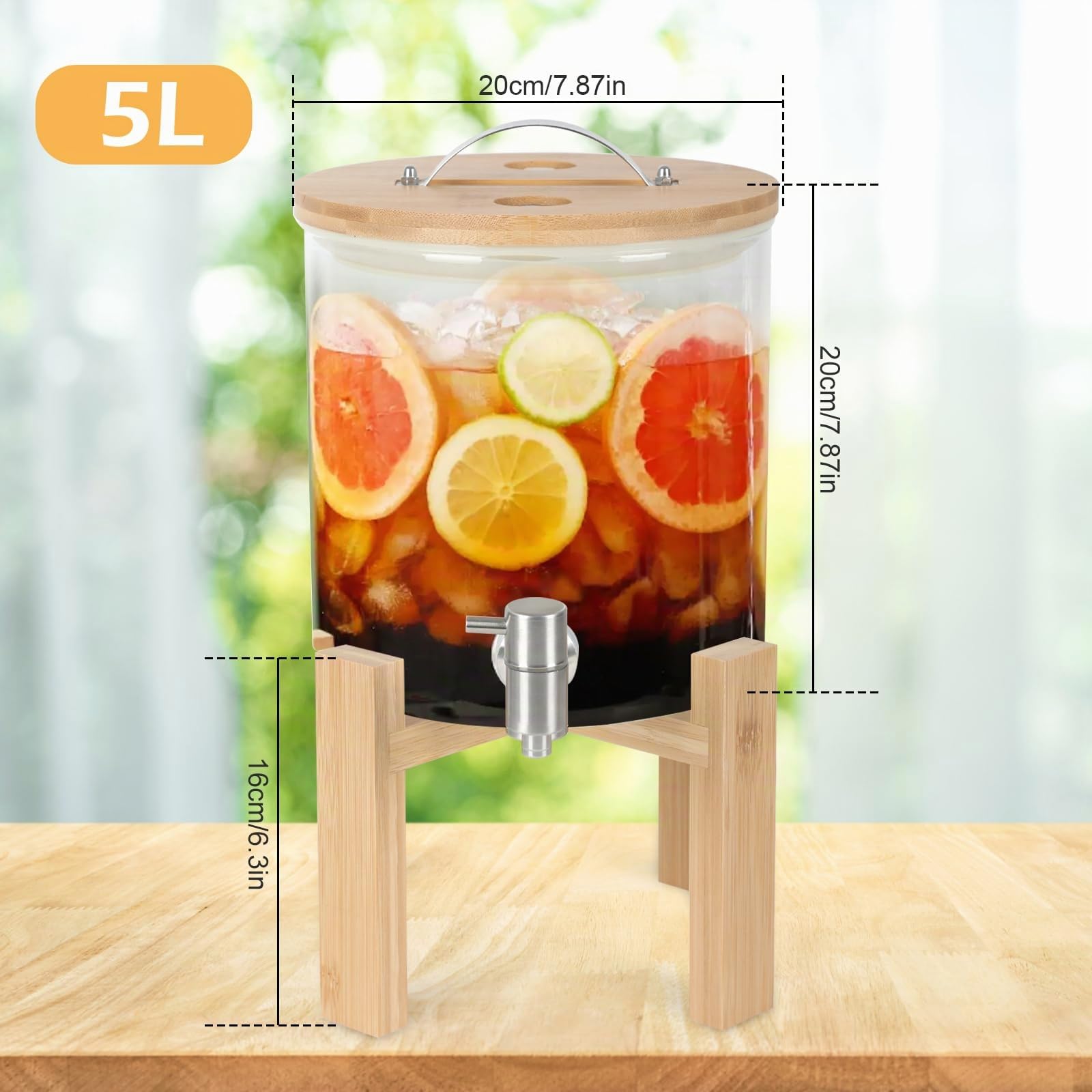 Dispenser per Bevande in Vetro da 5L,con Rubinetto a Tenuta Stagna,Bocca Larga,Coperchio e Supporto in Legno,Decanter per Whisky,Dispenser Bevande per Festa,Acqua,Cocktail,Jus,e Bevande Liquori