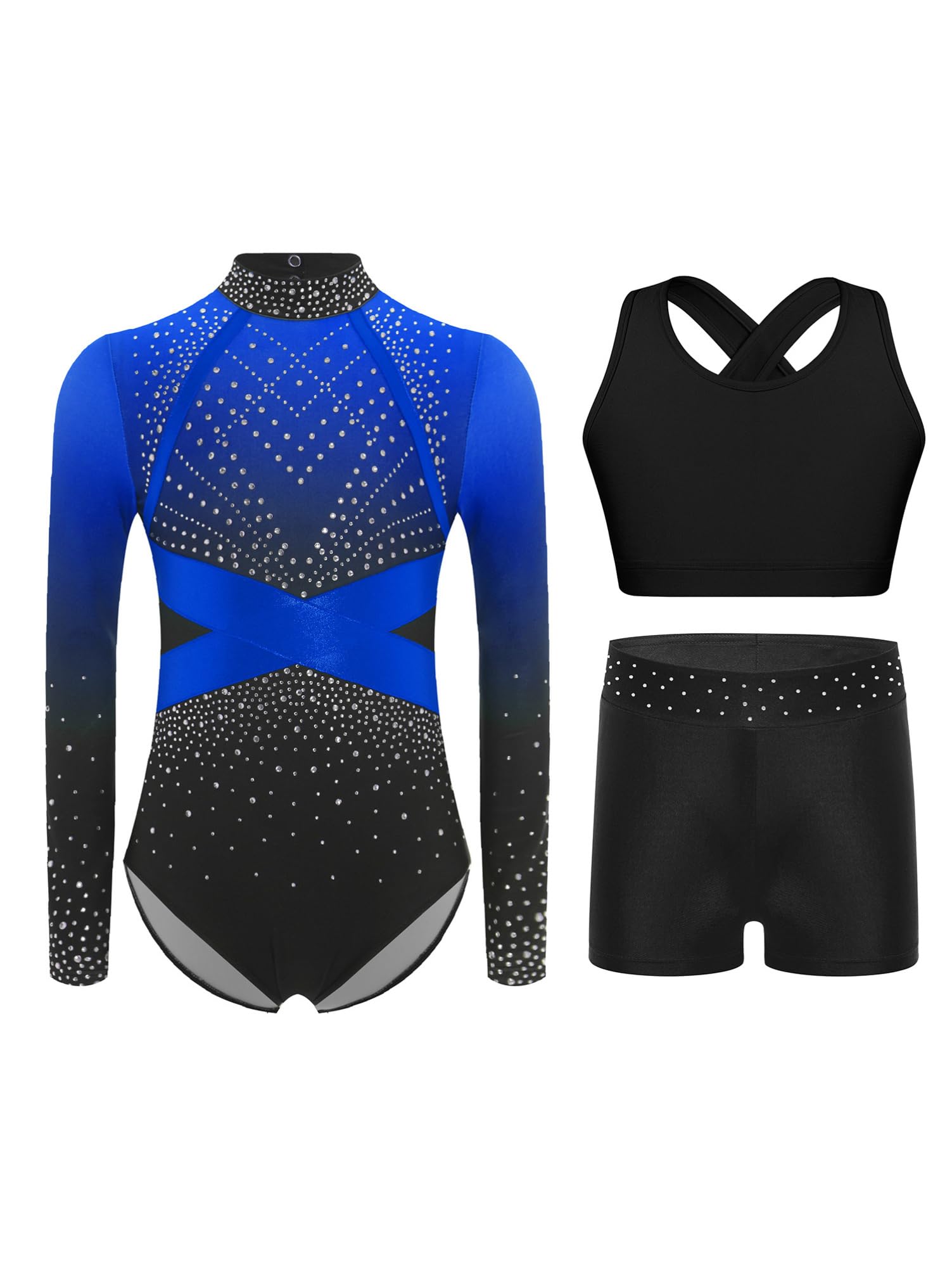Alvivi Mädchen Turnanzug Glitzer Gymnastikanzug Langarm Ballettanzug mit Shorts Haarband Gymnastik Leotard Wettbewerb Tanzkostüm
