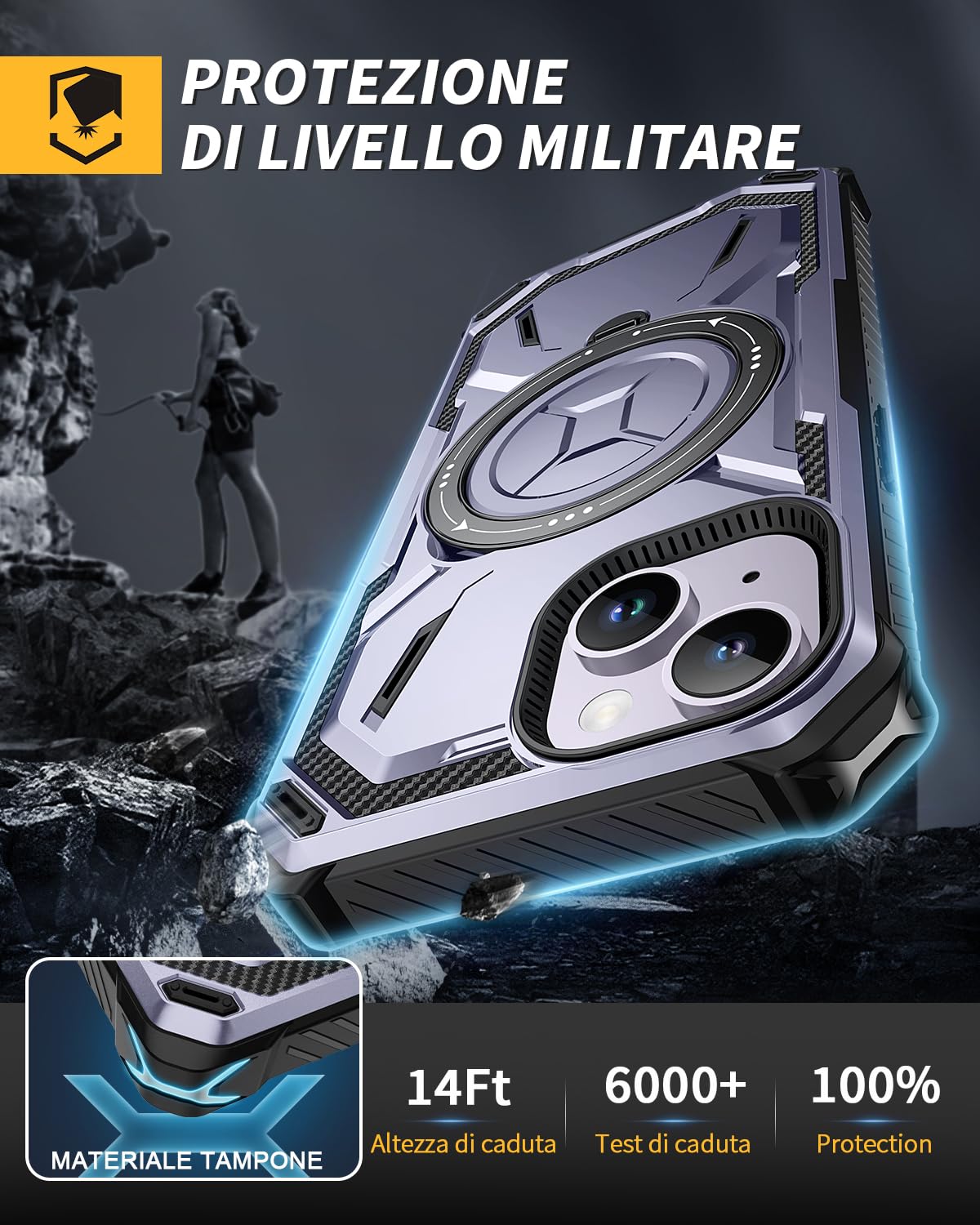 Lanhiem Cover iPhone 14 / iPhone 13 con 2 Pezzi Vetro Temperato, Supporto Magnetico Anello a 360° Protezione 6FT Antiurto Anticaduta Militare Armor Protezione, Custodia iPhone 13/14, Viola
