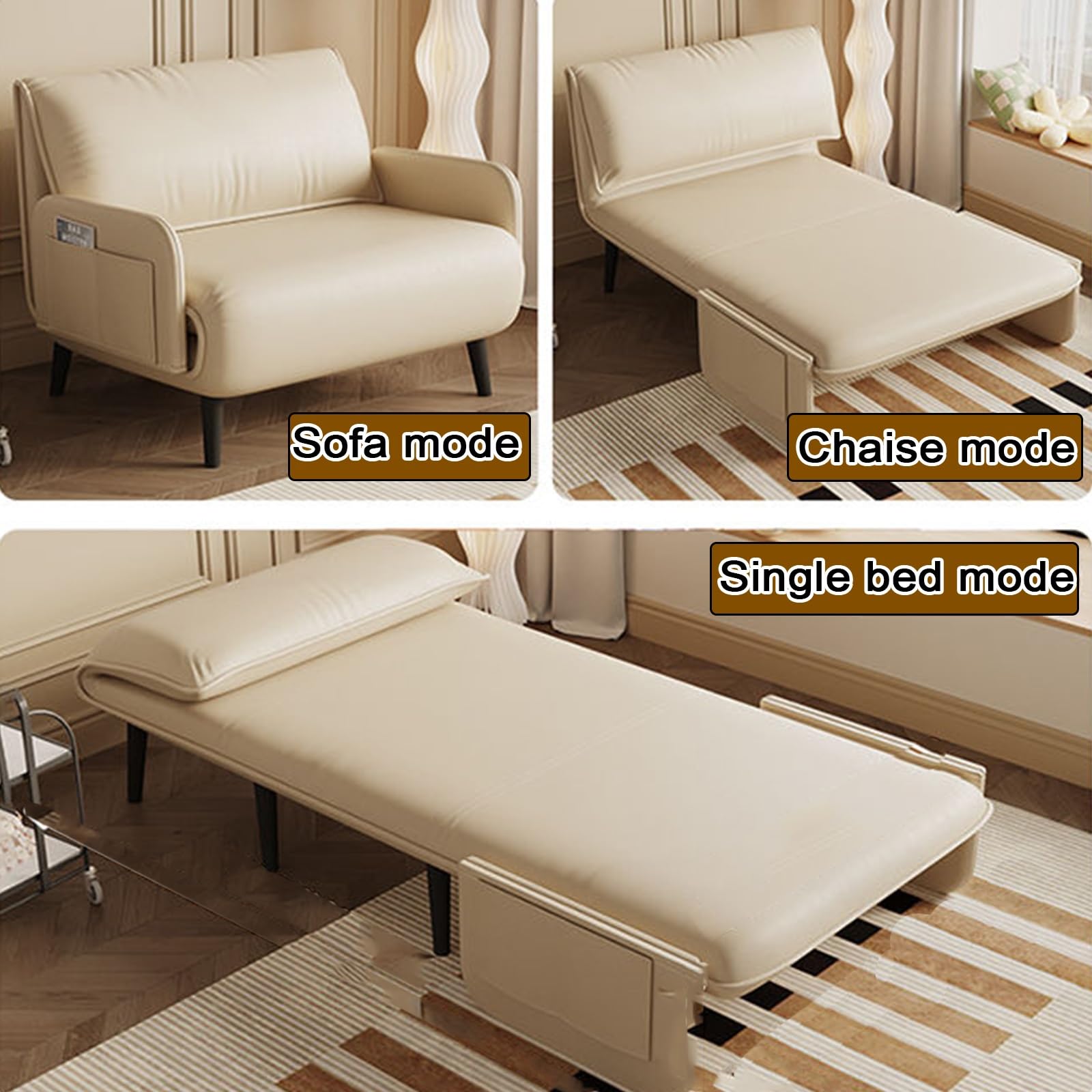 Chaiselongue Sofa mit Schlaffunktion Leder Verstellbare Rückenlehne Klappsofa Weich und Komfortabel Metallfüße Wohnzimmersofa für Wohnzimmer, Schlafzimmer, Gästezimmer(White,190 * 100 * 29cm)