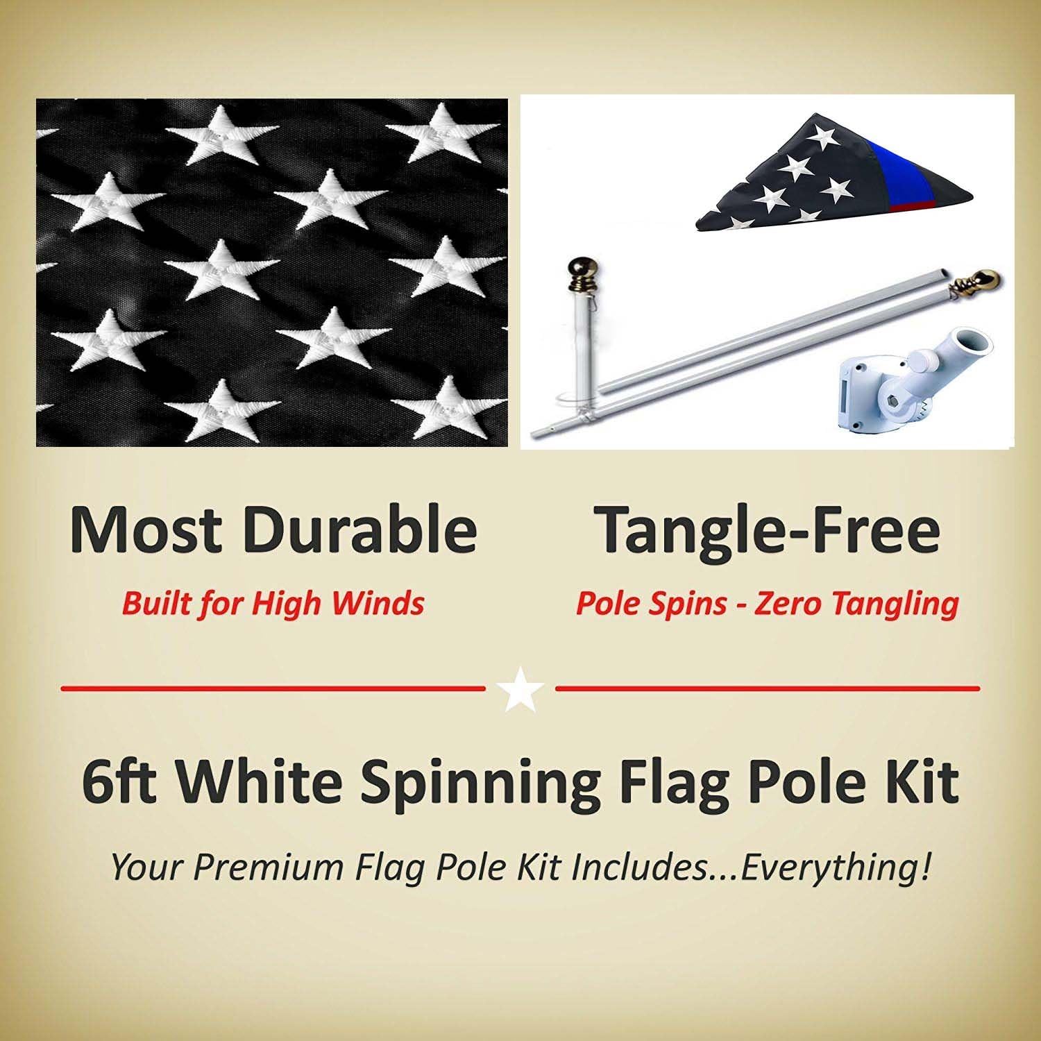 AES USA Red Blue Line Nylon 3 by 5-Feet US Flag Set w/6-Feet Spinning Flag Pole Fade Resistant Double Stitched Premium Penant House Banner Grommets