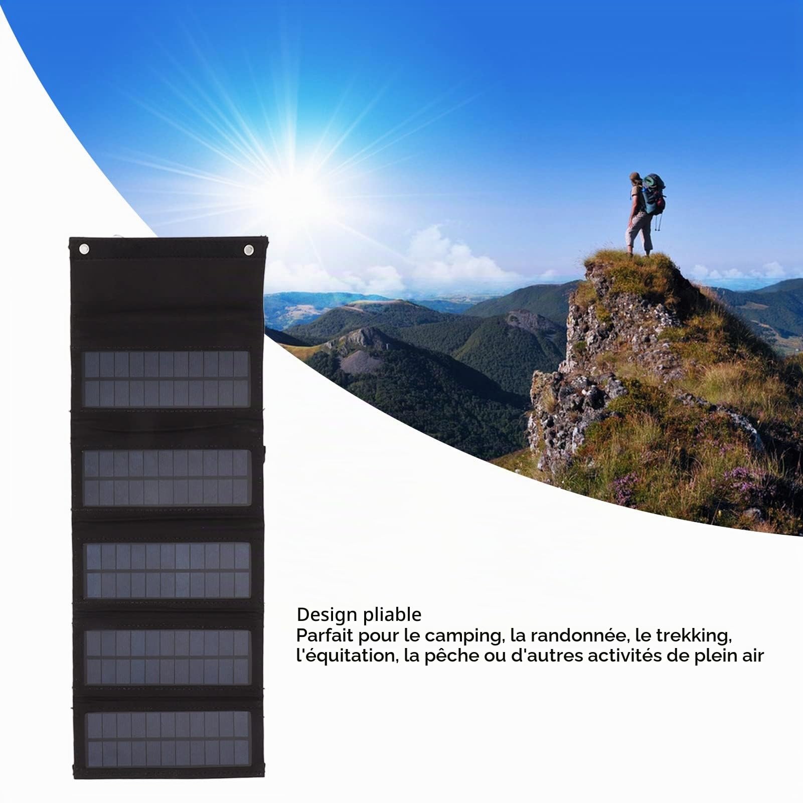 Panneau Solaire Portable 50 W, Sac de 5 Panneaux Solaires Pliables en Silicium Monocristallin avec Port de USB, Boîtier de Panneau Solaire pour Camping, Randonnée, Sac à Dos