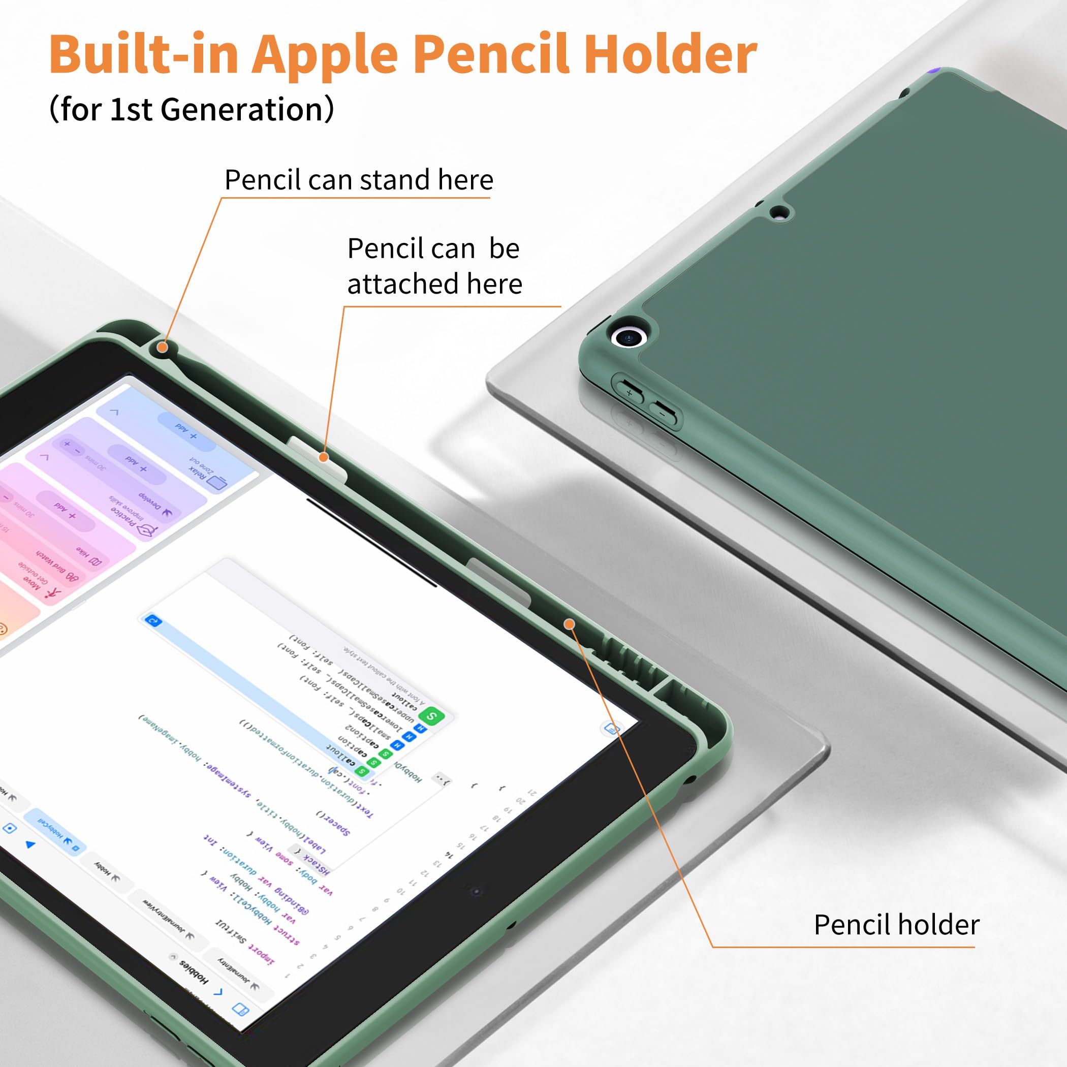 CACOE Cover Custodia Compatibile con iPad 9a Generazione 2021/iPad 8a Gen 2020/iPad 7a Gen 2019, Leggero Cover Protettivo Supporto con Pencil Holder per iPad 10.2 Auto Sveglia Sonno,Verde notte