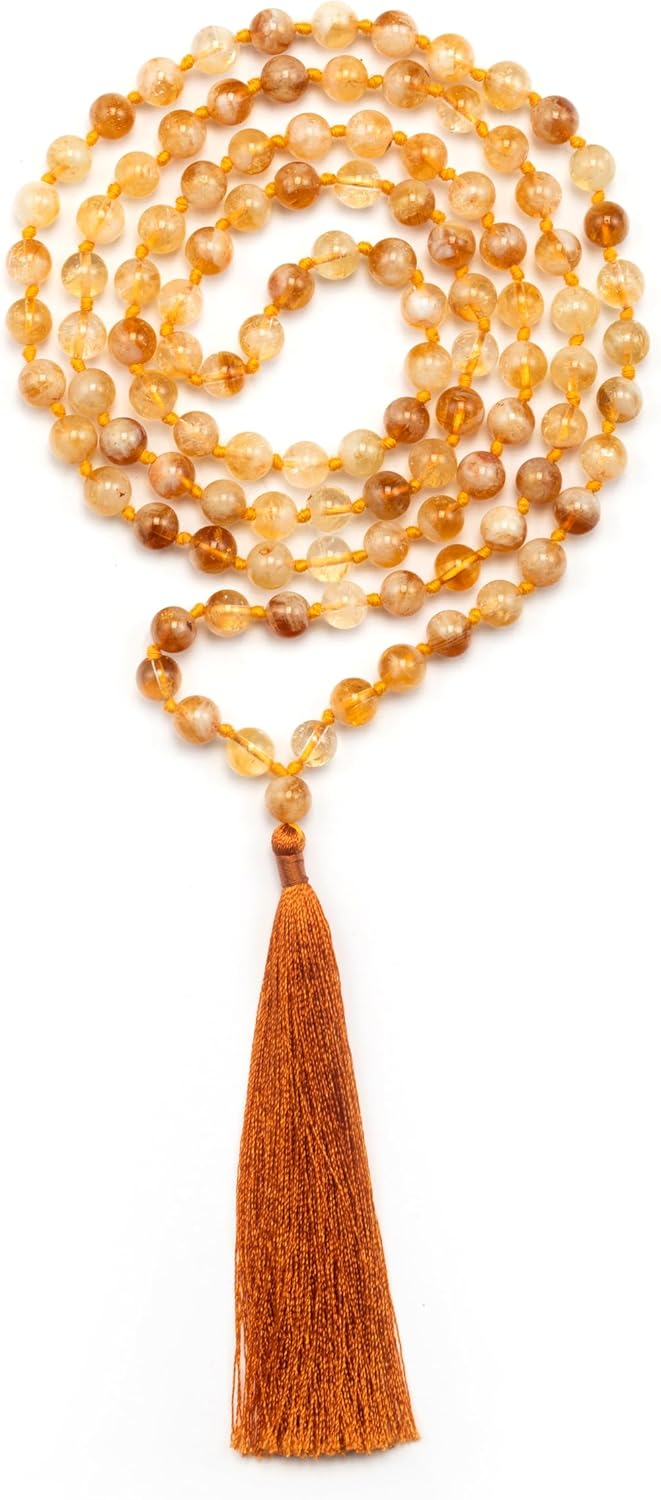 8mm Yellow Citrine Mala – 108 Bead Meditation & Prayer Necklace, Natural Gemstone Healing Beads with Lab Certified Authenticity