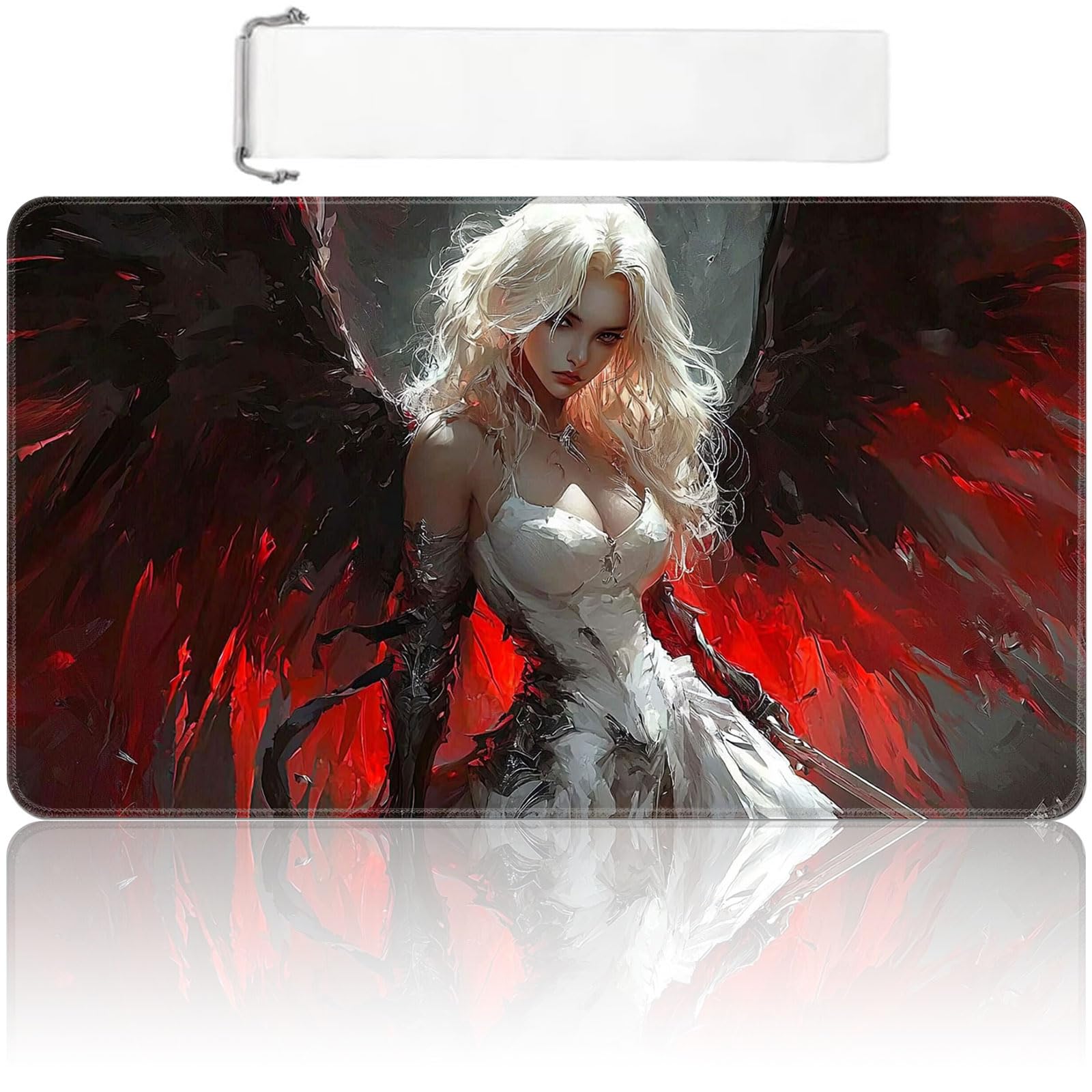 MTG Playmat 24x14 inch with Free Storage Bag, Non-Slip Rubber Base TCG Play Mat for Magic The Gathering, Card Playmat for YGO, Durable Portable Game Matt, Fallen Angel