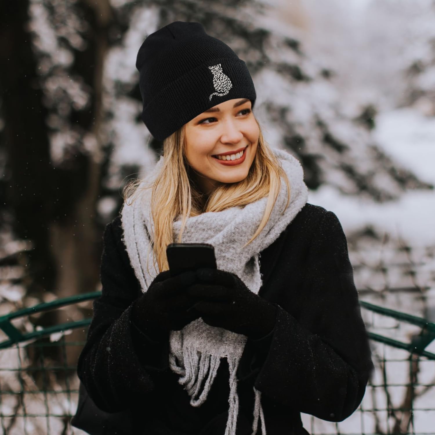 Black Embroidered Beanie Knitted Winter Hat for Men and Women, for Christmas, Birthdays, and Anniversaries - Image 5