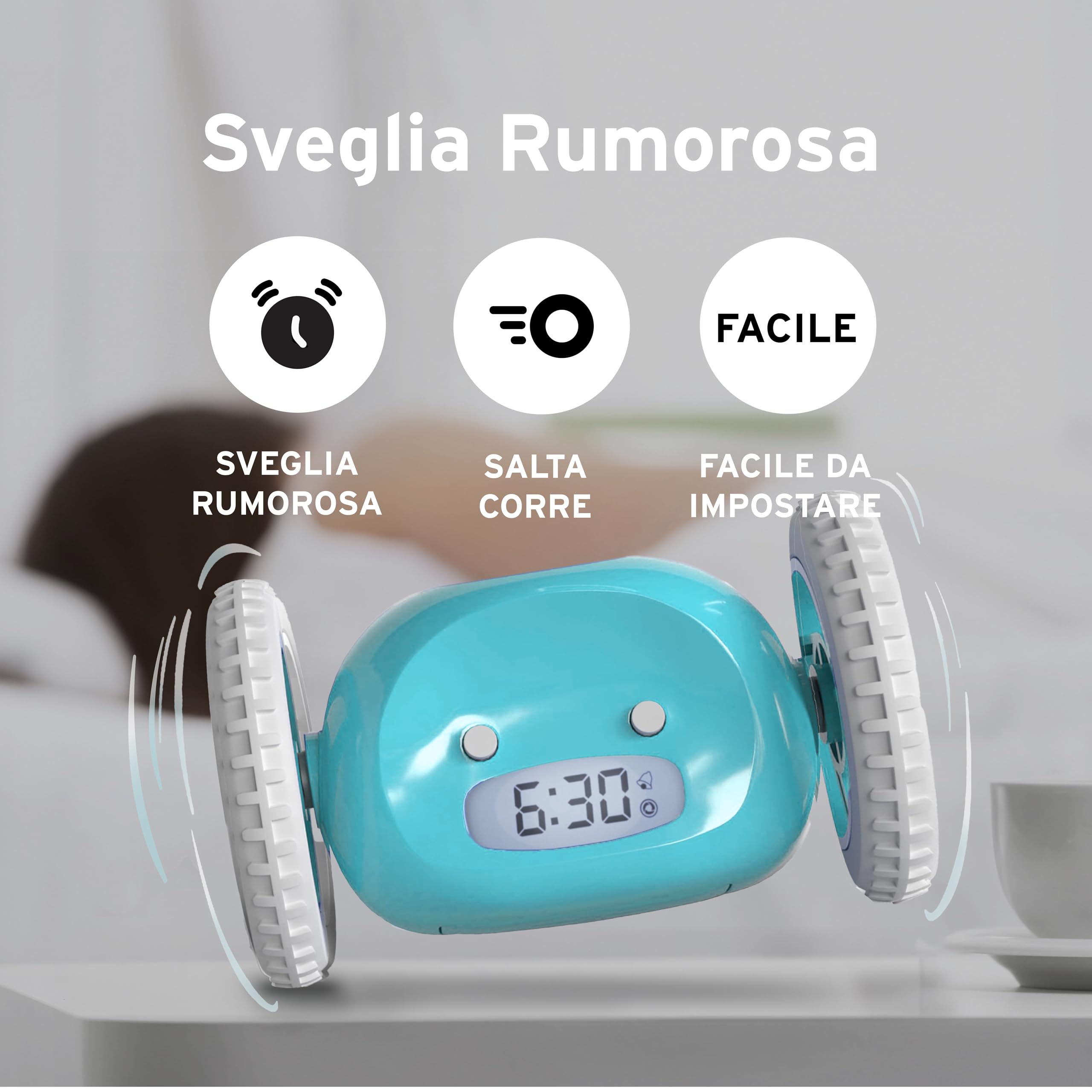 CLOCKY Sveglia Rumorosa per chi ha il Sonno Pesante Dormiglioni Pesante Sordi Ruote Sveglia Digitale da Comodino per Dormienti Rumorissima Adulti Bambini che Scappa Cammina Regali Divertenti (Blu)