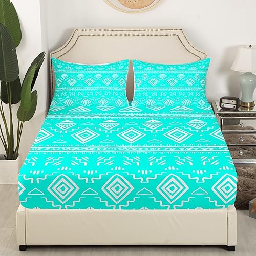 Miniatura 4 de Erosebridal Juego de sábanas aztecas turquesa, estilo bohemio occidental, color verde azulado, bohemio, geométrico, juego de ropa de cama