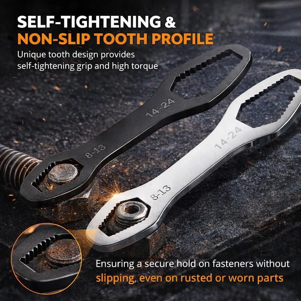 Universal Double Ended Wrench, 8-25mm Self Adjusting Torx Wrench, 5mm Thick, with Storage Bag & Gloves, Multi Wrench for Car Motorcycle Repair and DIY Projects (6pcs-1)