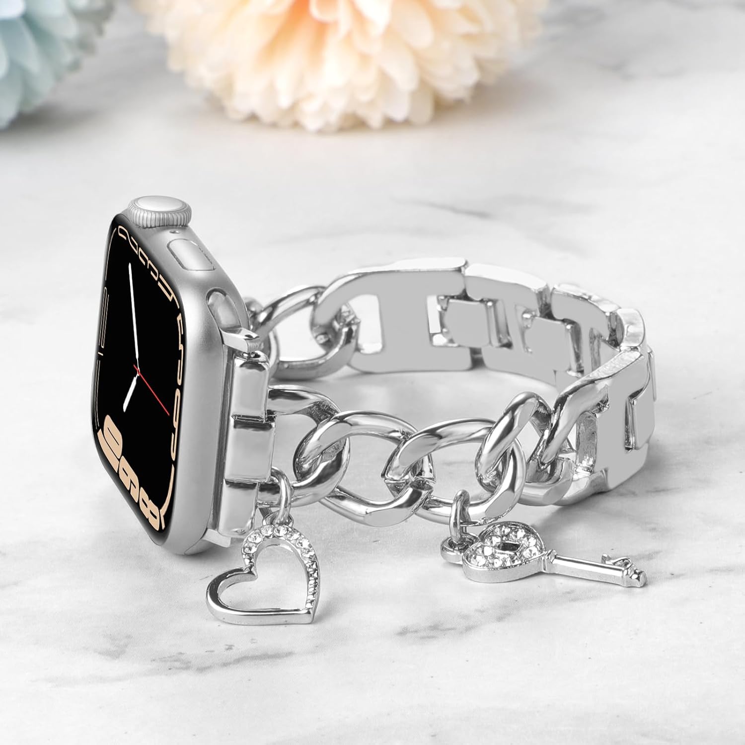 Stylish Metal Bands Compatible with Apple Watch Band 49/46/45/44/42mm 41/40/38mm Women,Cuban Chain Band with Bling Cute Key Love Charms Pendants for iWatch Series 11 10 9 8 7 6 5 4 SE/Ultra 3 2 1 - Image 4