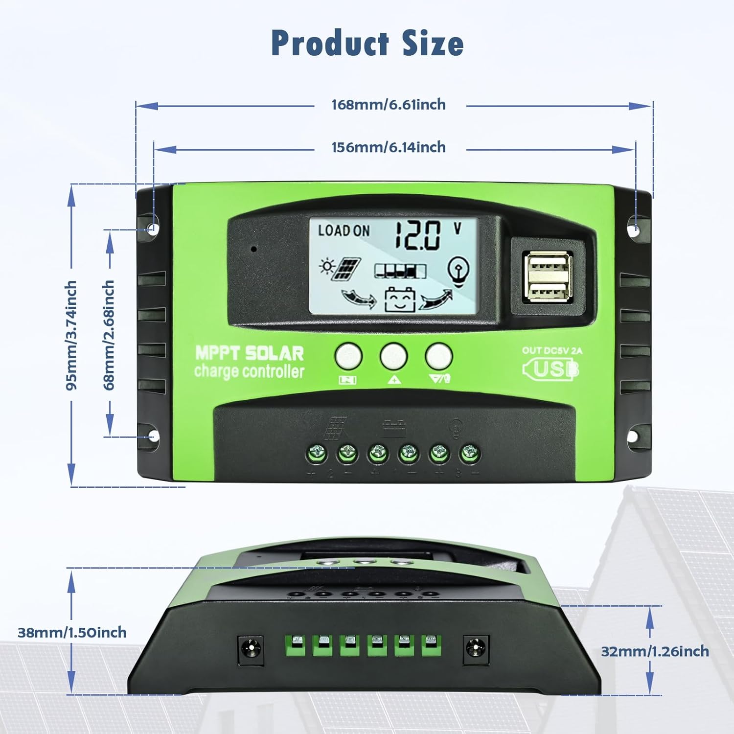 Product dimensions of the solar charge controller