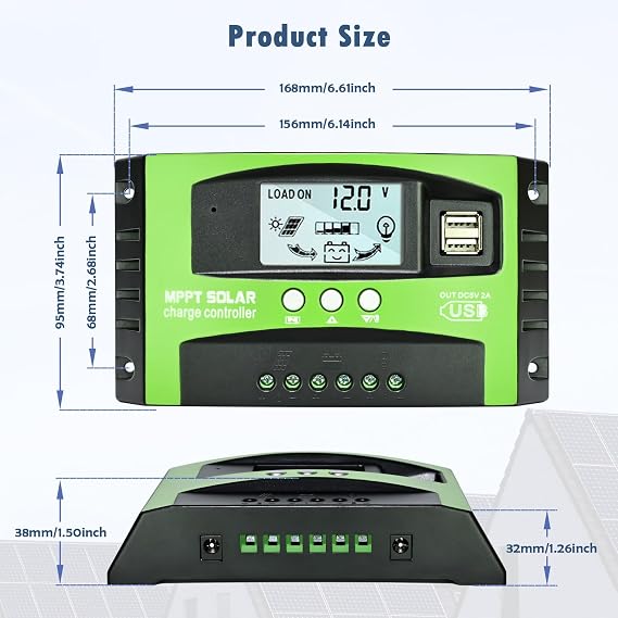 30A MPPT Solar Charge Controller, 12V/24V Auto Tracking Solar Panel Regulator with LCD Display Dual USB Port Multiple Load Control Modes Timer Setting, Fit for Gel Sealed Flooded and Li Battery(Green)