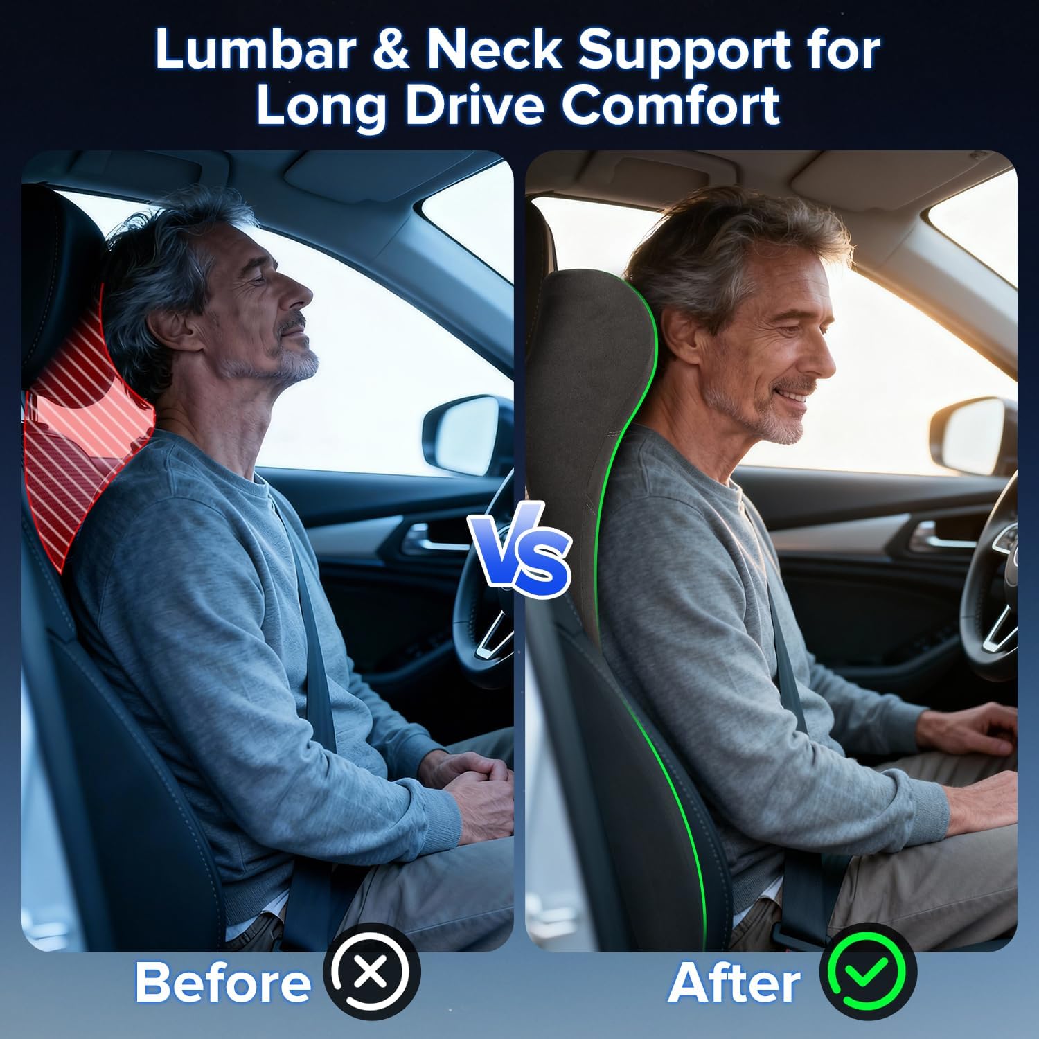 Lumbar Support Pillow for Car with Headrest, Memory Foam Cushion for Back & Neck Support, Muscle Fatigue Relief, Full-Length S-Curve Support for Long Drives, Fits Cars, SUVs, Trucks