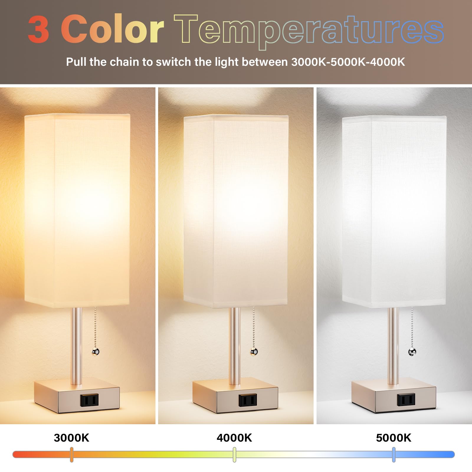 Goldfarbene Nachttischlampen für Schlafzimmer, 2er-Set, kleine rechteckige Nachttischlampe mit AC-Steckdosen-Ladeanschluss, 3 Farbtemperaturen, Tisch-Leselampe für Wohnzimmer/Schlafsaal/Büro