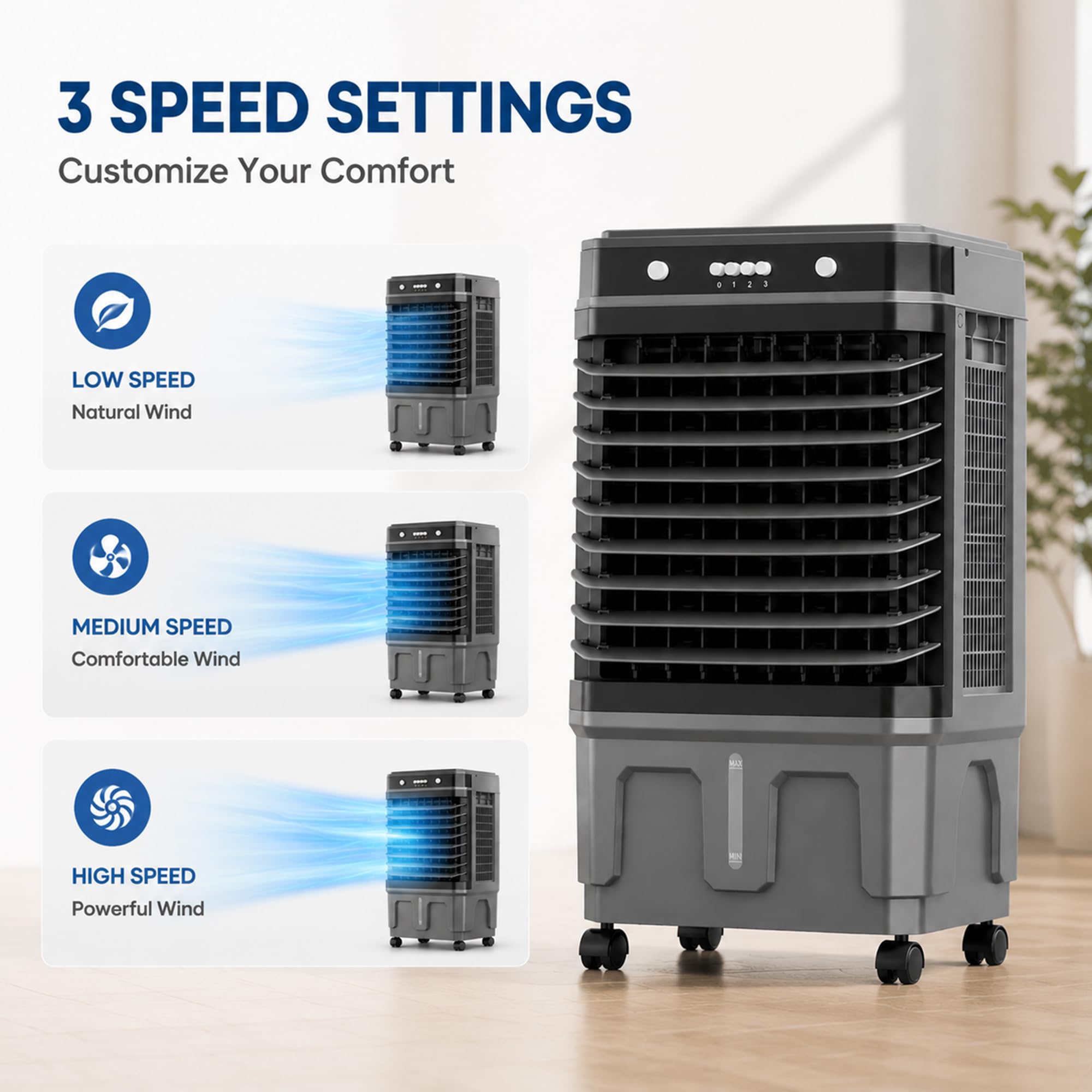 Raffrescatore Evaporativo, Ventilatore di Raffreddamento Portatile | 3 velocità, Oscillazione a 120°, Serbatoio dell'acqua per Casa e Officina(16.9x12.5x35.4in/43x32x90cm)