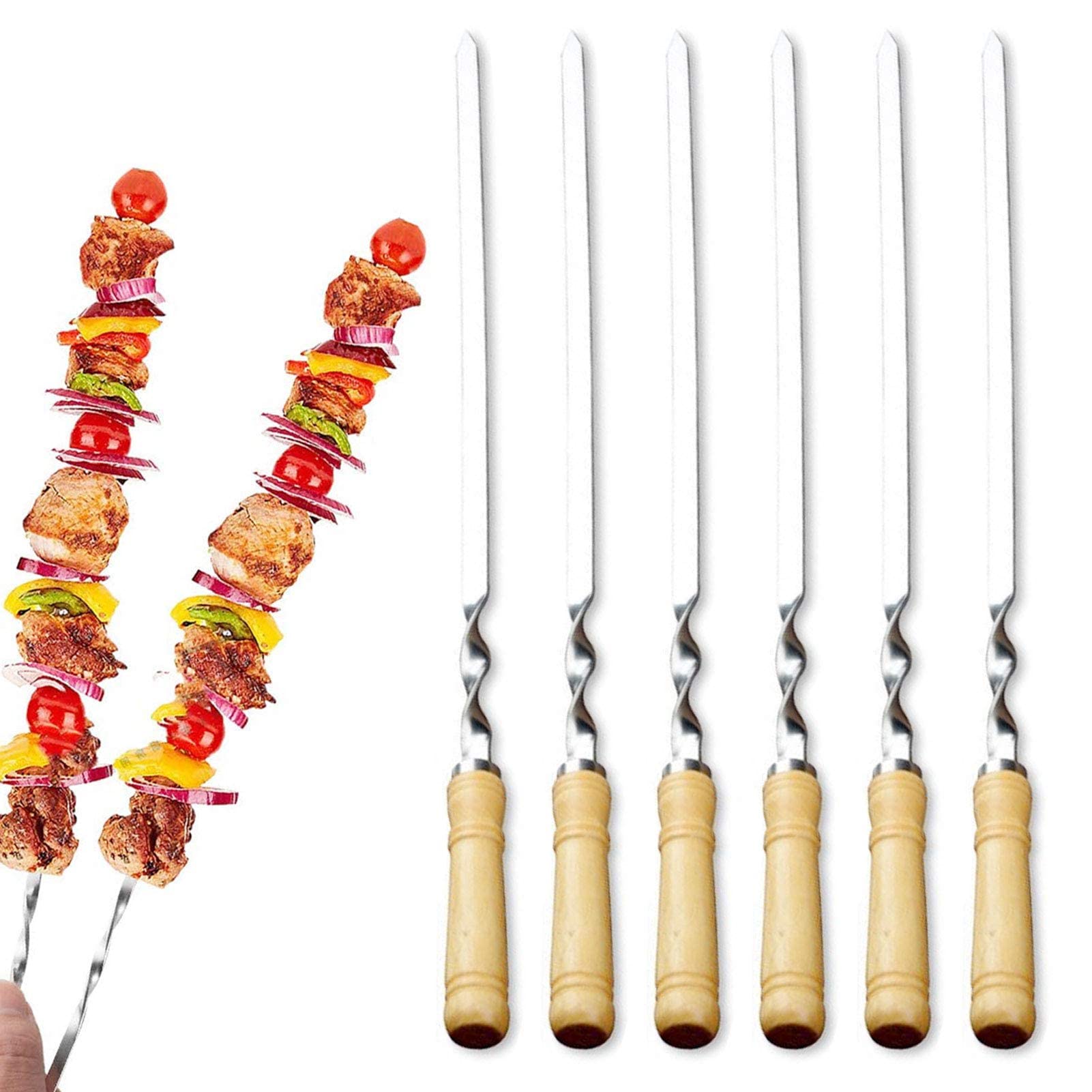 Brochetas De Kebab Reutilizables, 6 Piezas Brochetas De Barbacoa Planas De Acero Inoxidable con Mango De Madera, Palitos De Brocheta De Metal Brochetas Planas Para Asar, Para Dispositivo De Hilo De