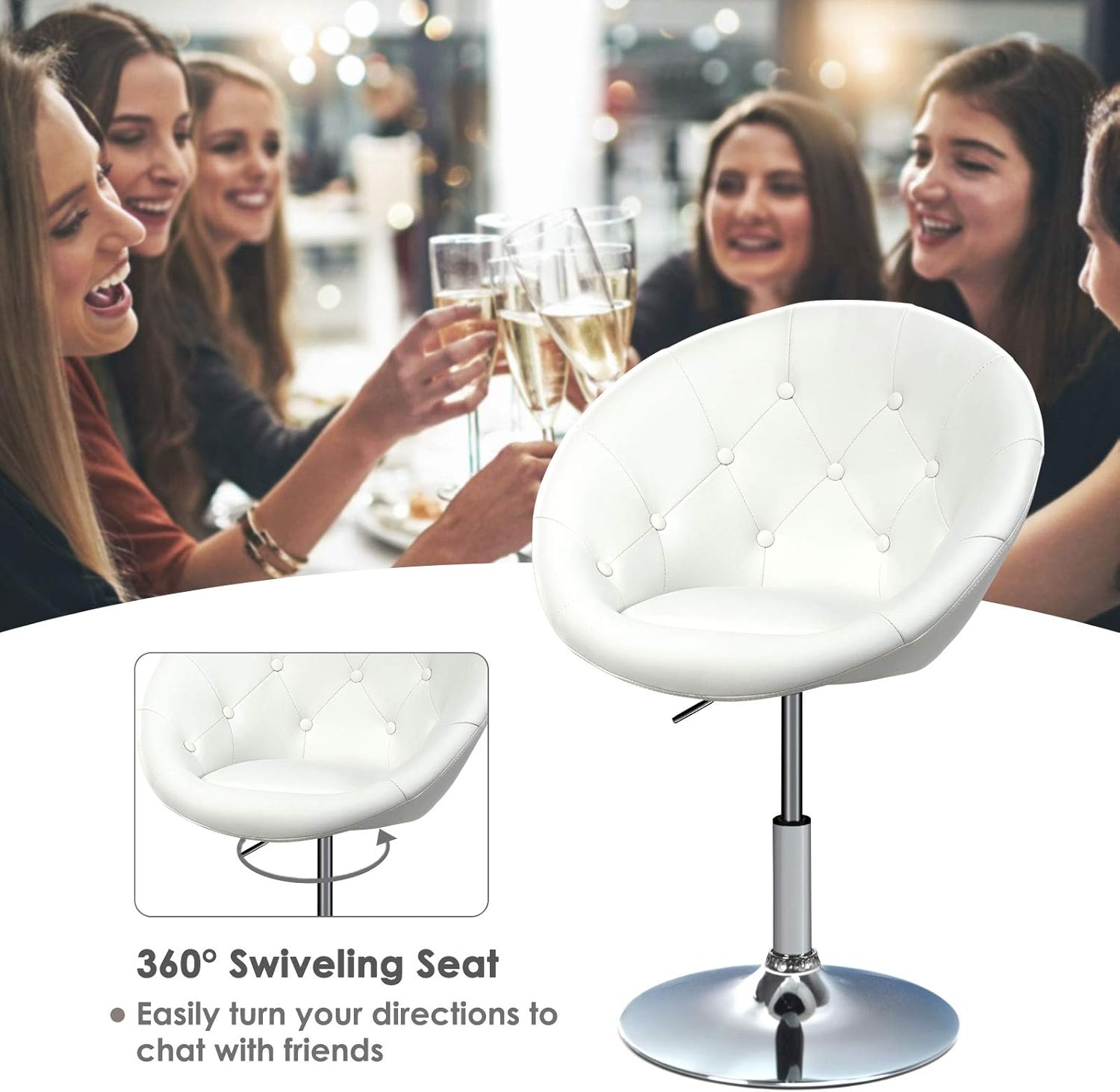 HAPPYGRILL Vanity Chair, Swivel Bar Stools with Chrome Frame & Tufted Round-Back, Height Adjustable Makeup Chair Modern Accent Chair for Makeup Room, Living Room, Bedroom, White