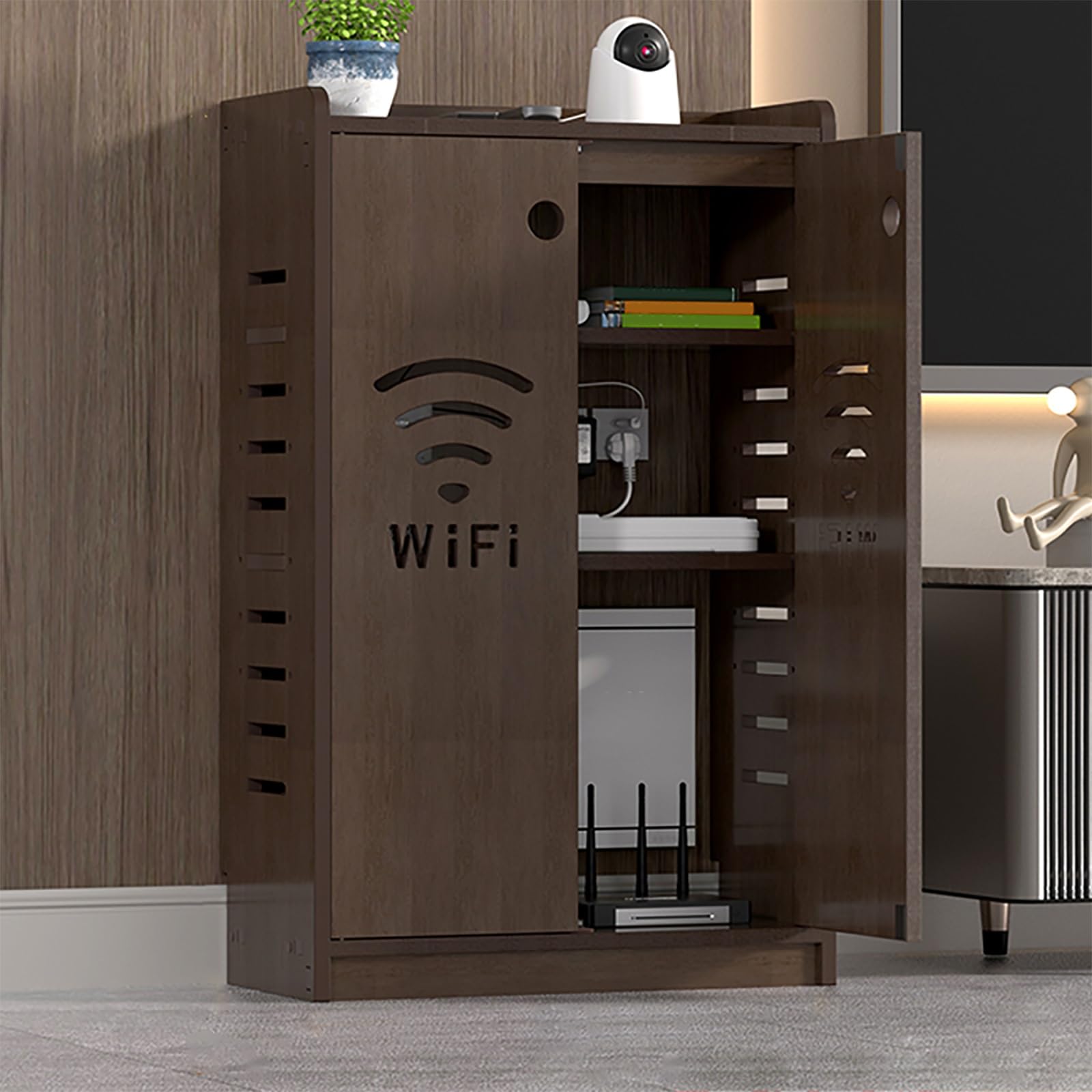 Mueble para router WiFi con estantes ajustables y organizador de cables para suelo