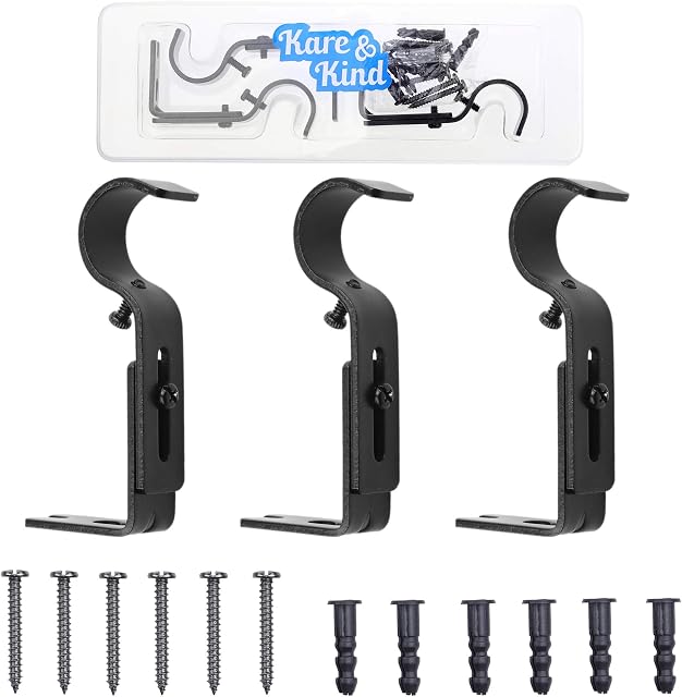 Kare & Kind Adjustable Brackets for Curtain Rods - Black - Set of 3 - Extendable Mounts - Use to Hold 1 Inch Rods for Light to Heavy Curtains, Fabrics, Draperies, Tapestries - Rust Proof Wall Mount
