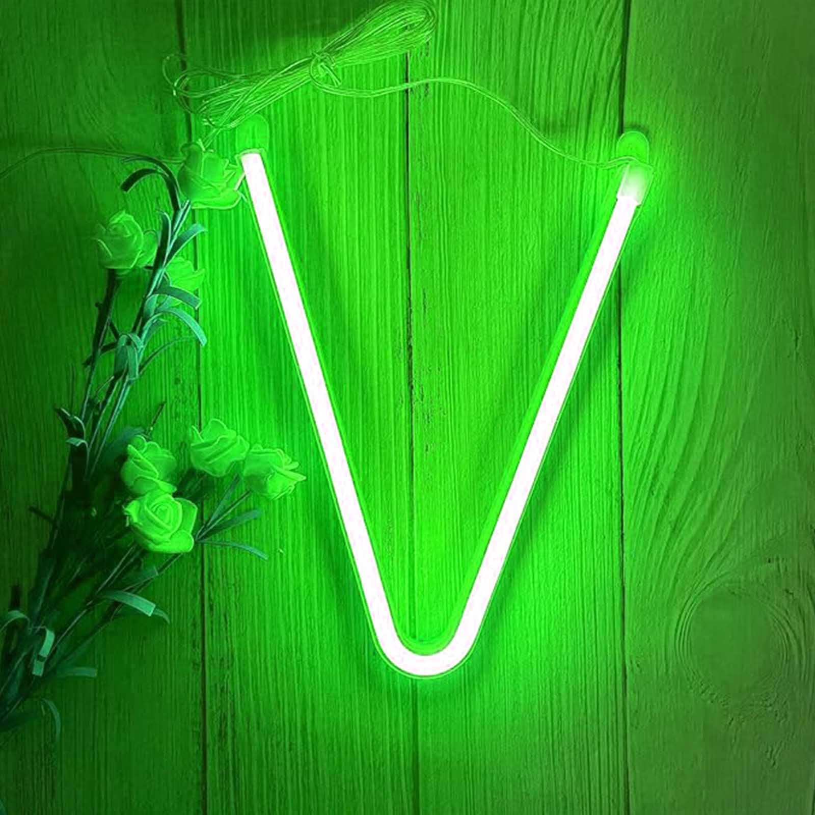 USB Rechargeable Neon Light for Indoor & Outdoor - Water-Resistant Green Alphabet Sign for Garden Camping Festival Use(Letters V) — image 1