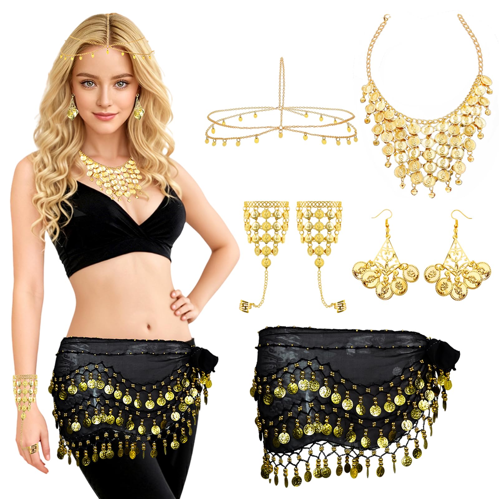 Baisdan 7 Pcs Belly Dance Jewelry Set, Fortune Teller Costume, Belly Dance Hip Scarf with Gold Coins, Sequin Head Chain