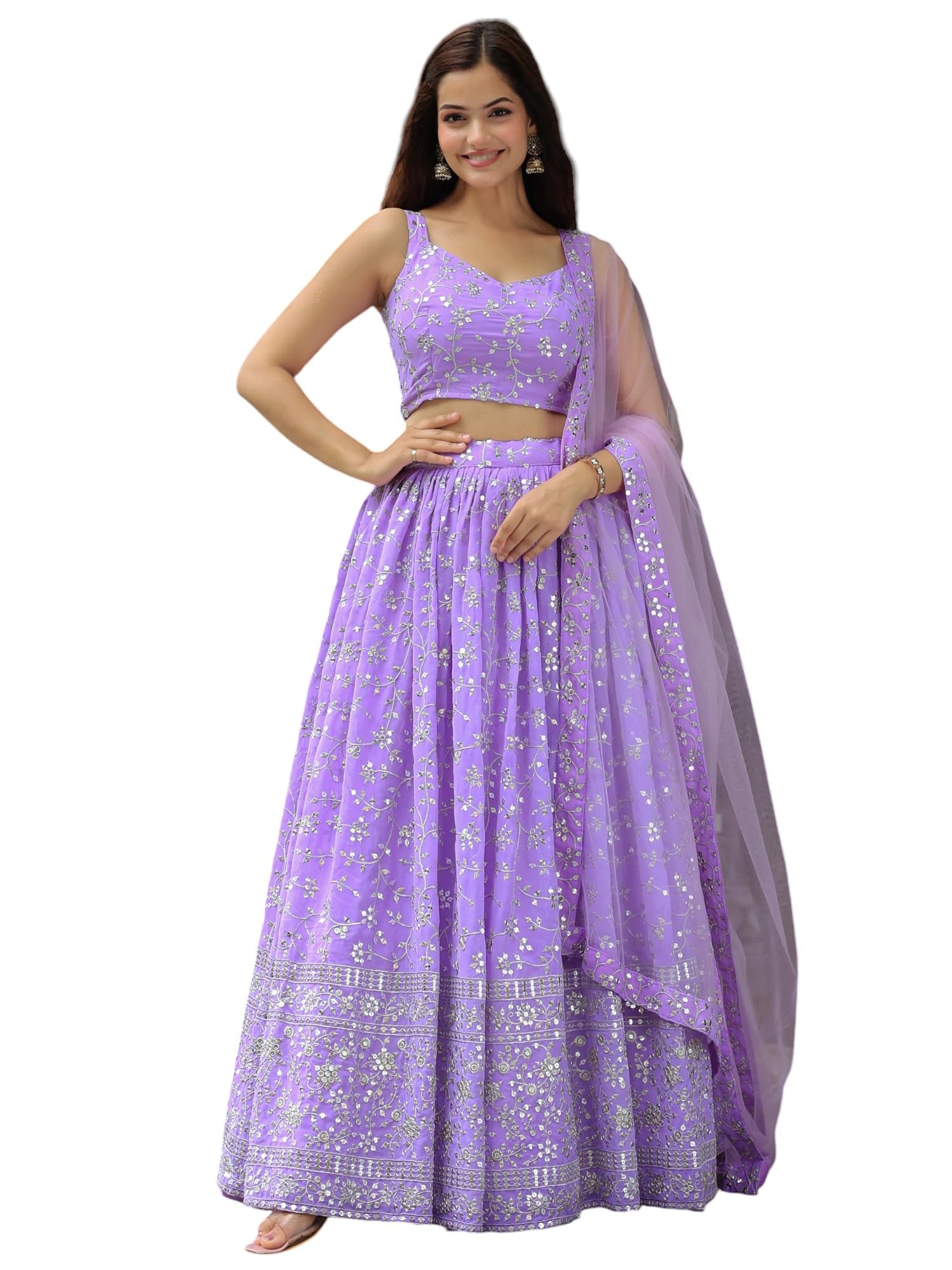 zeel clothing Women's Zari And Sequins Readymade Embroidered Georgette Lehenga Choli With Dupatta (5058-Lavender-Womens-Wedding-Lehenga-Choli, Free Size), Purple-picture-15