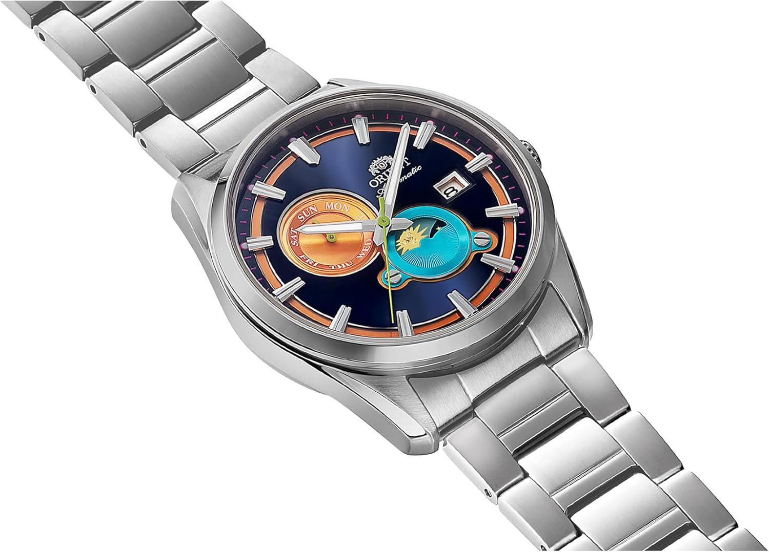 Orient Stretto Sun & Moon Limited Edition RA-AK0316L30B 41.5mm Automatic Mechanical Men’s Watch – Blue Dial, Stainless Steel Case & Bracelet, Sapphire Crystal, Exhibition Caseback & Date Display