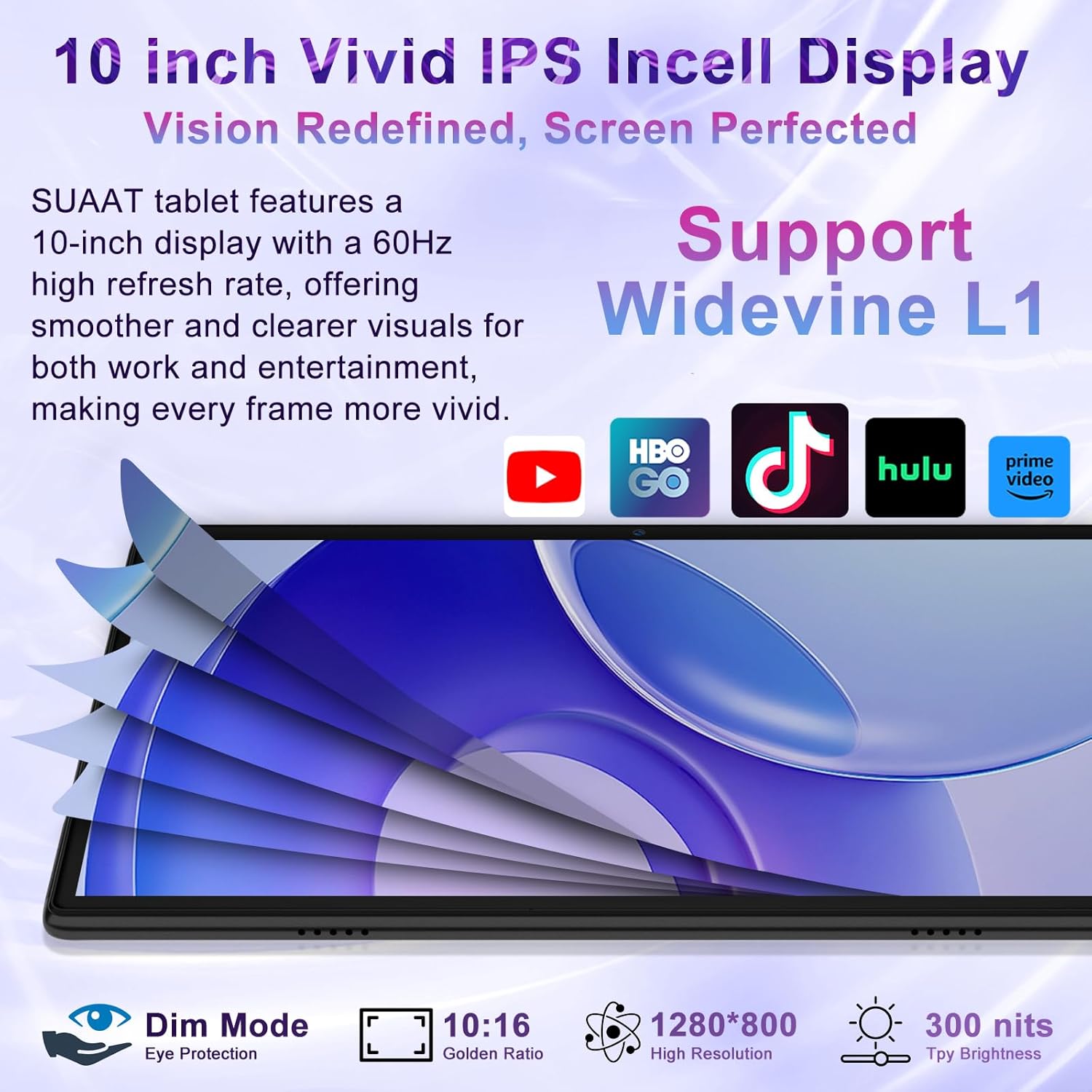 SUAAT S3 tablet displaying a vibrant image on its 10-inch IPS screen, highlighting Widevine L1 support.
