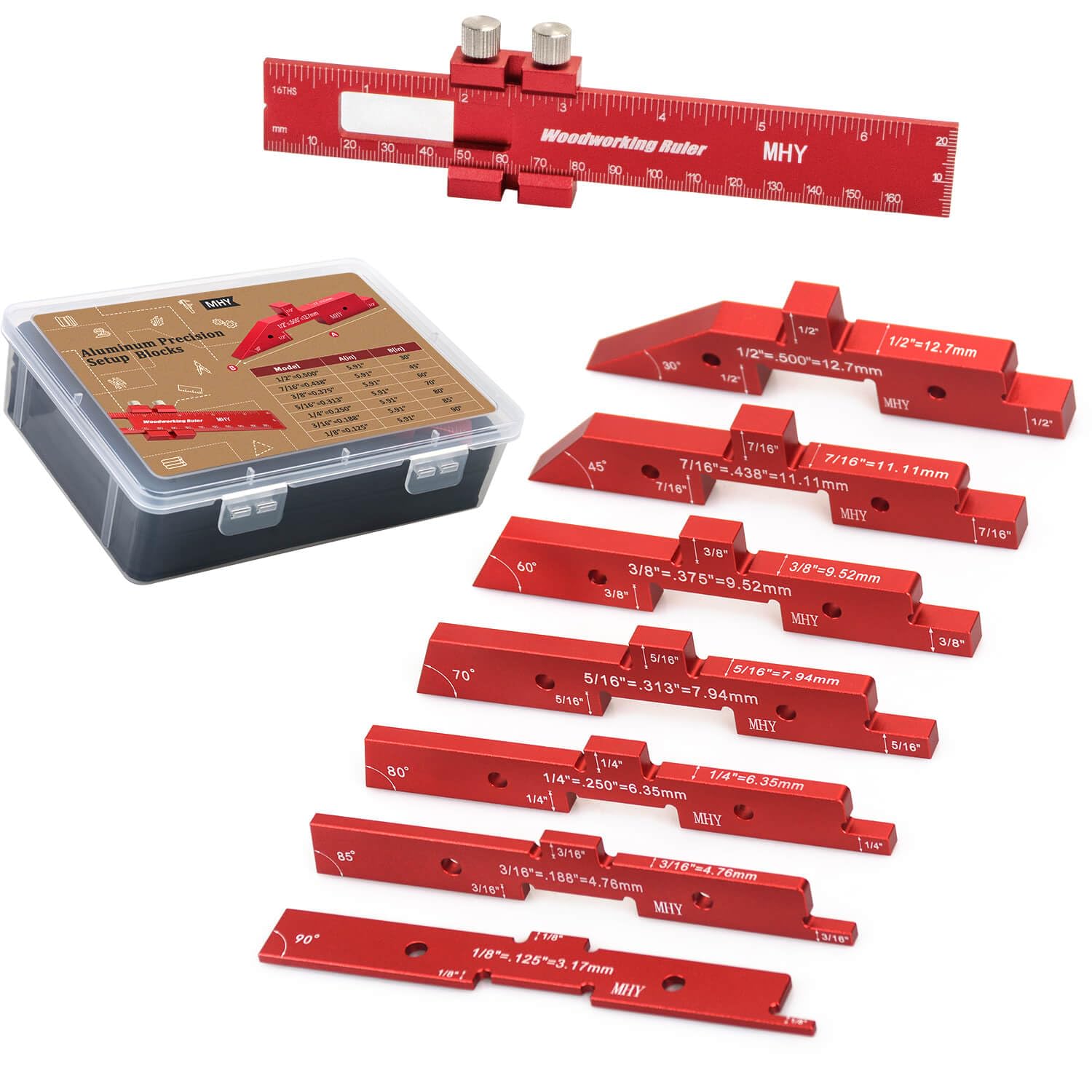 MHY 8 PCs 6061-T651 Aluminum Table Setup Blocks for Woodworking |Height, Depth, Angle & Fence Alignment Gauge Set with Laser-Marked and Durable Storage Case