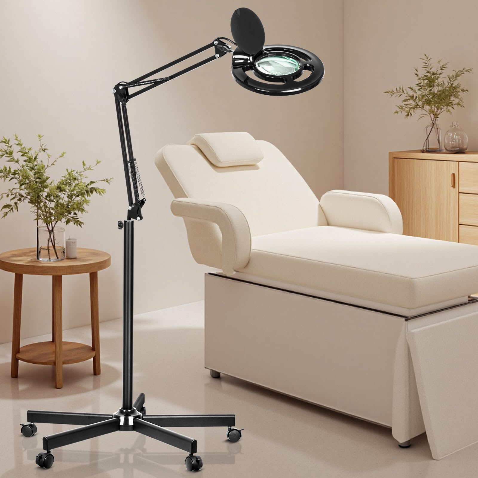 Kosmetiklampe mit 10-Facher Vergrößerung, 2500 Lumen Stufenlos Dimmbar Lupe mit Licht und Ständer 5-Rollen-Fuß, Dimmbare Kosmetik light für Wimperntechnik/Tattoo/Extensions/Schönheit