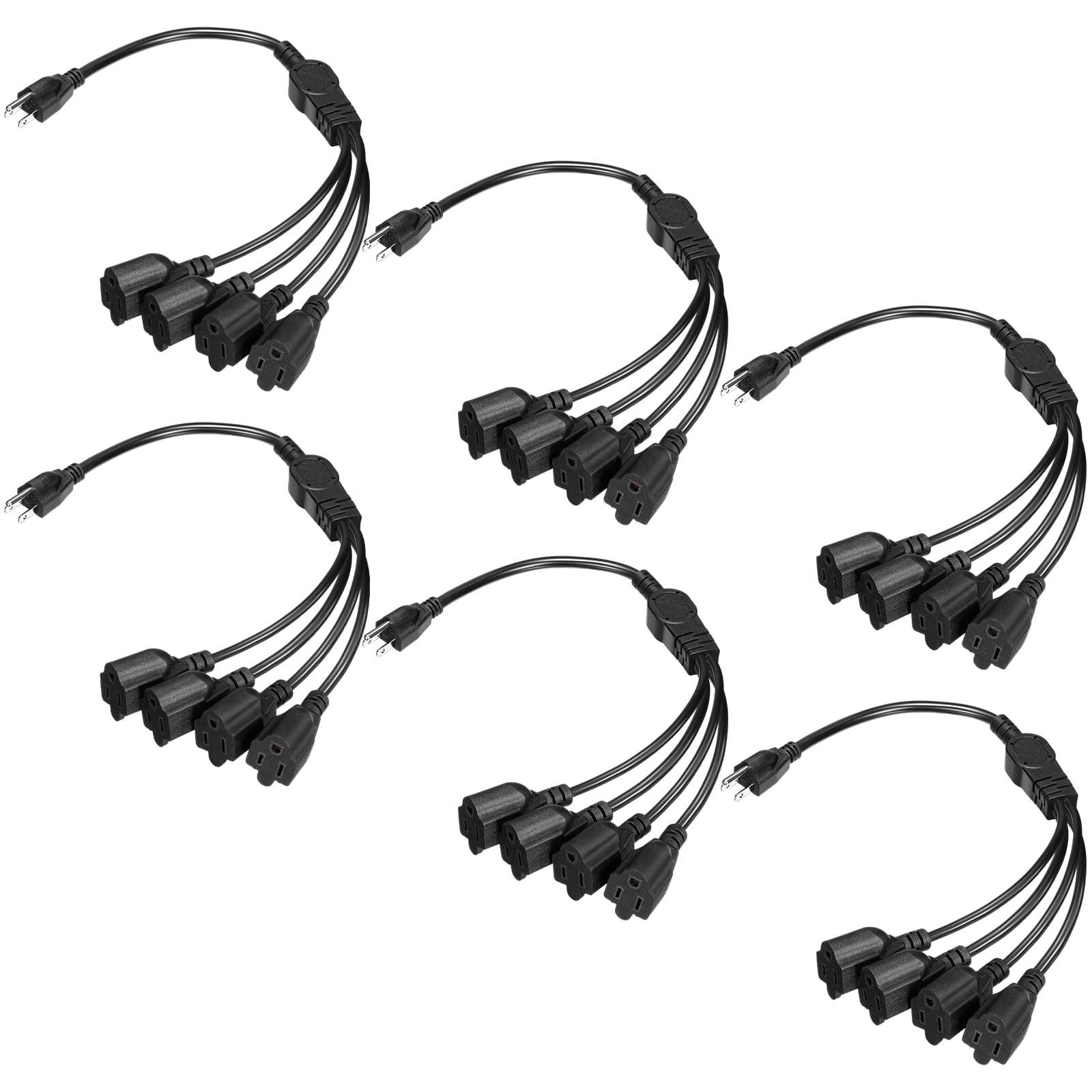 Kanayu 6 Pcs 3 Prong 1 to 4 Extension Cord Splitter 4 Way Power Cord Cable Black Outlet Plug 3 Prong Outdoor Plug Power Strip Outlet Plug for Home