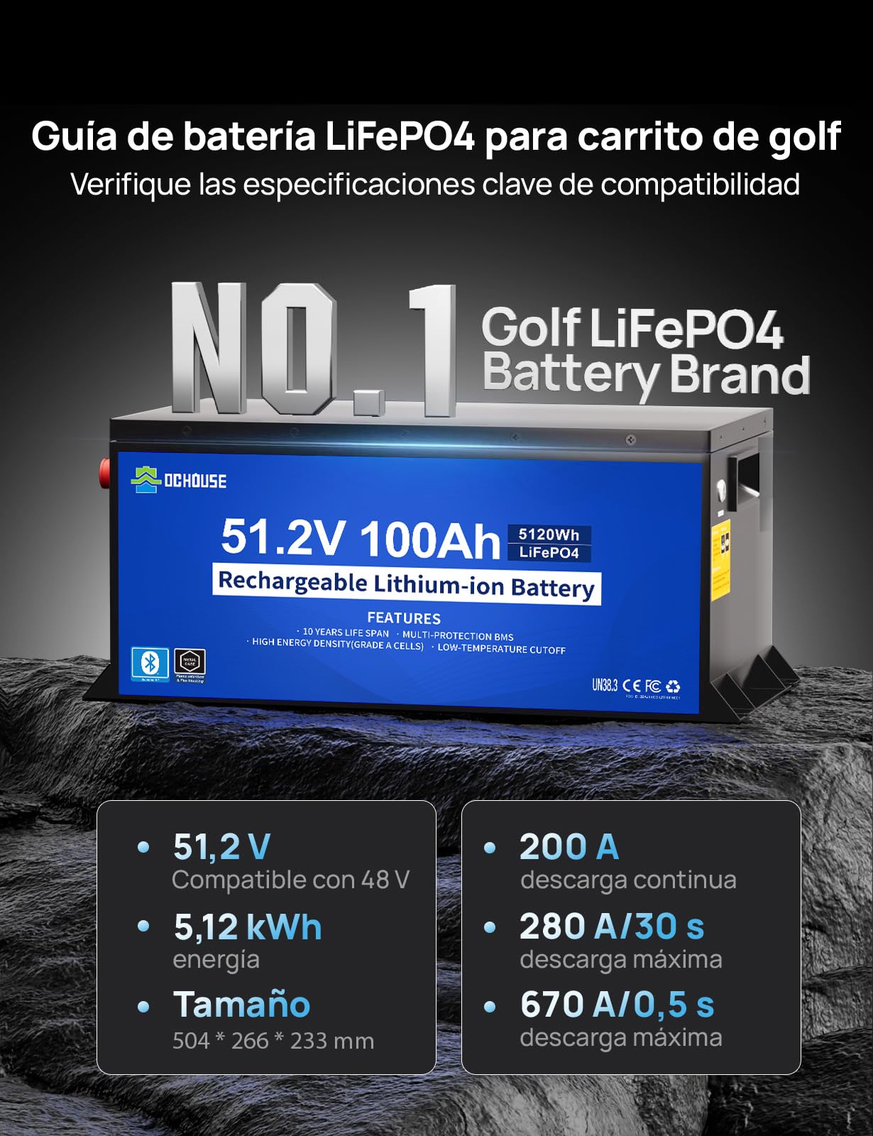 DCHOUSE Batería Litio 48V 100Ah con Cargador 18A para Carrito Golf y RV | BMS 200A, 670A de Corriente Máxima, Bluetooth vía App Móvil y LCD