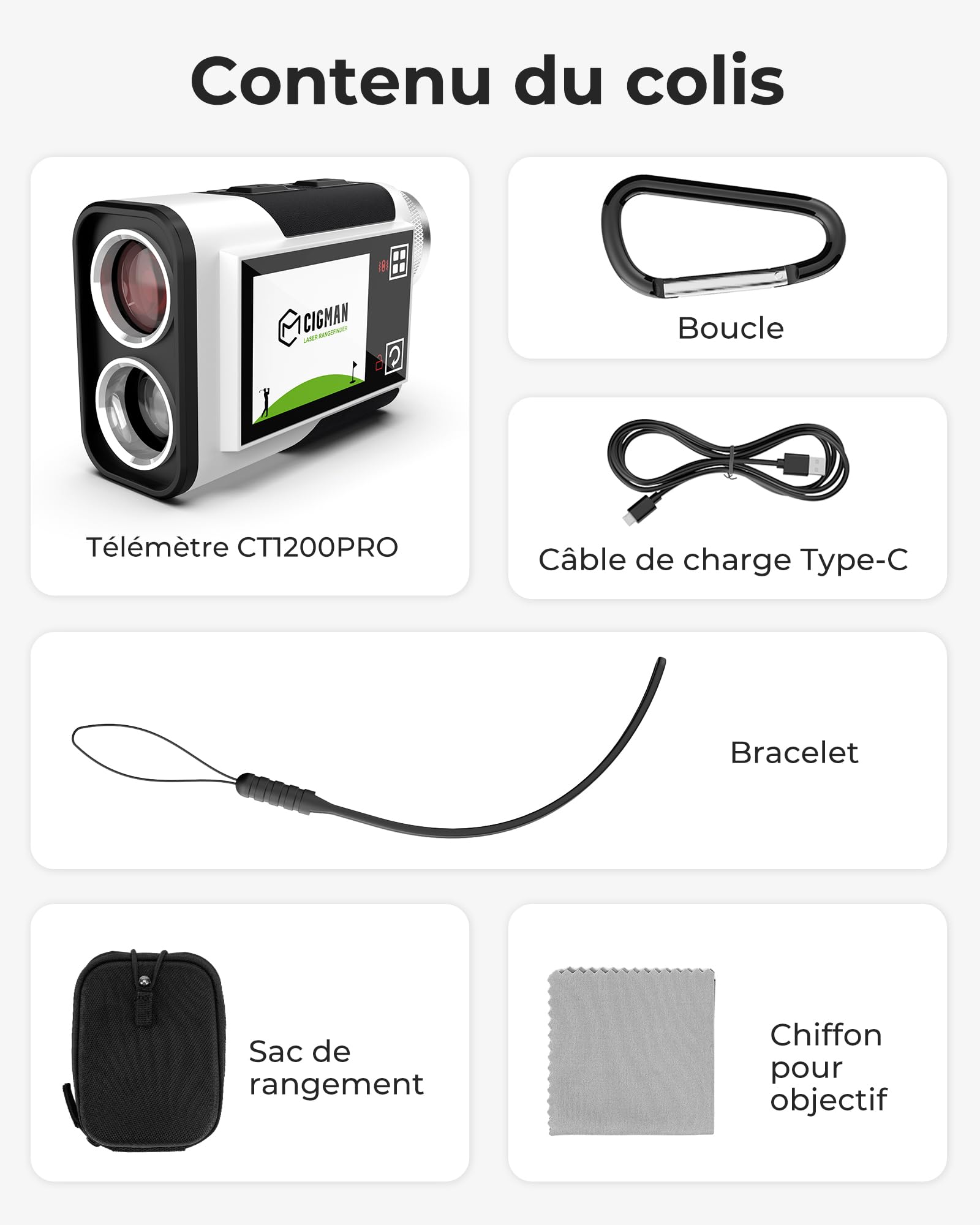 Télémètre de Golf CIGMAN 1312 Yards, précision ± 1 m, écran Tactile latéral avec Compensation de Pente, oculaire 25 mm, télémètre Laser Rechargeable de Type C pour Terrain de Golf