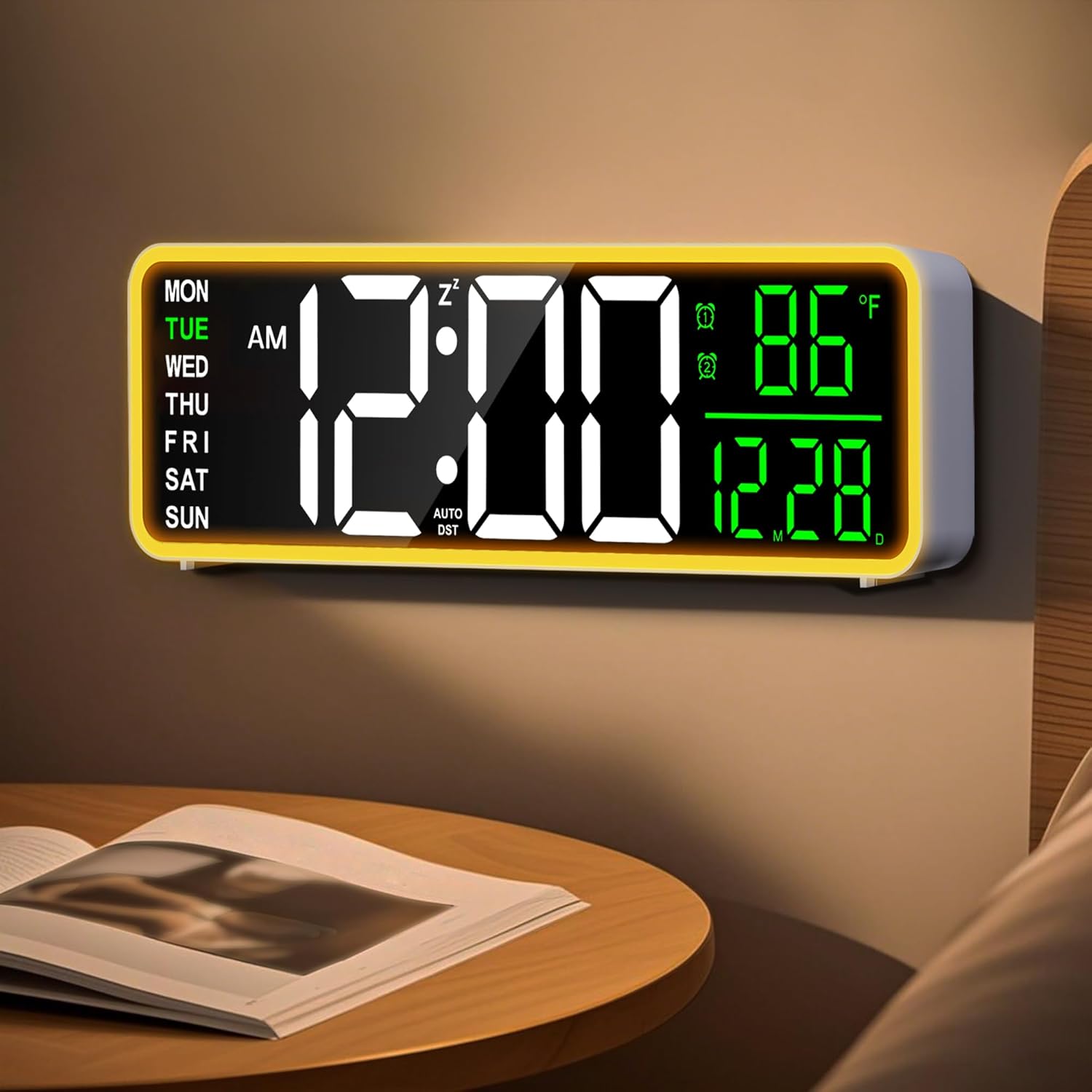 9 Inch Digital Alarm Clock Wall Clock with Night Light, Dual Alarm, Snooze & Dimming Brightness, Temperature, 12/24H, DST, Timer, Plug-in Powered with Battery Backup