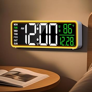 9 Inch Digital Alarm Clock Wall Clock with Night Light, Dual Alarm, Snooze & Dimming Brightness, Temperature, 12/24H, DST, Timer, Plug-in Powered with Battery Backup