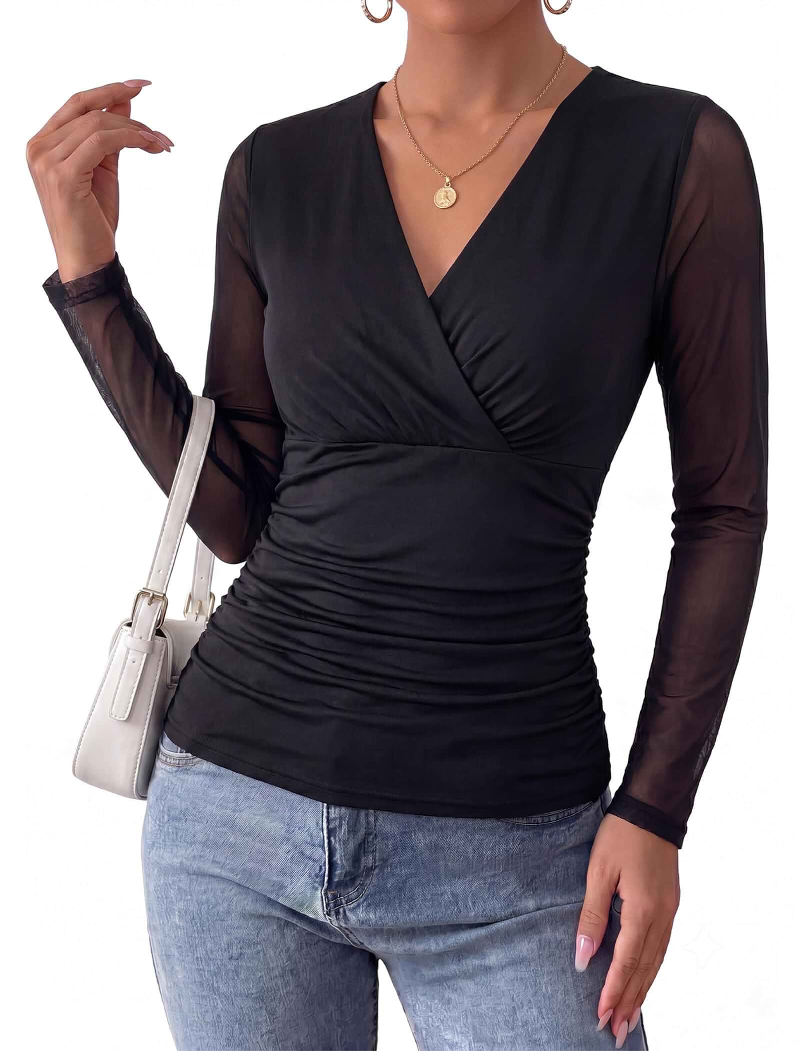 Arolina Womens Wrap Boho Tops Long Sleeve Mesh V Neck Dressy Casual Blouses Boho,Sheer Sleeve, Lined Torso,Ruched Waist, Slight Stretch, Floral, Casual, Breathable, Wrinkle Resistance, Lightweight