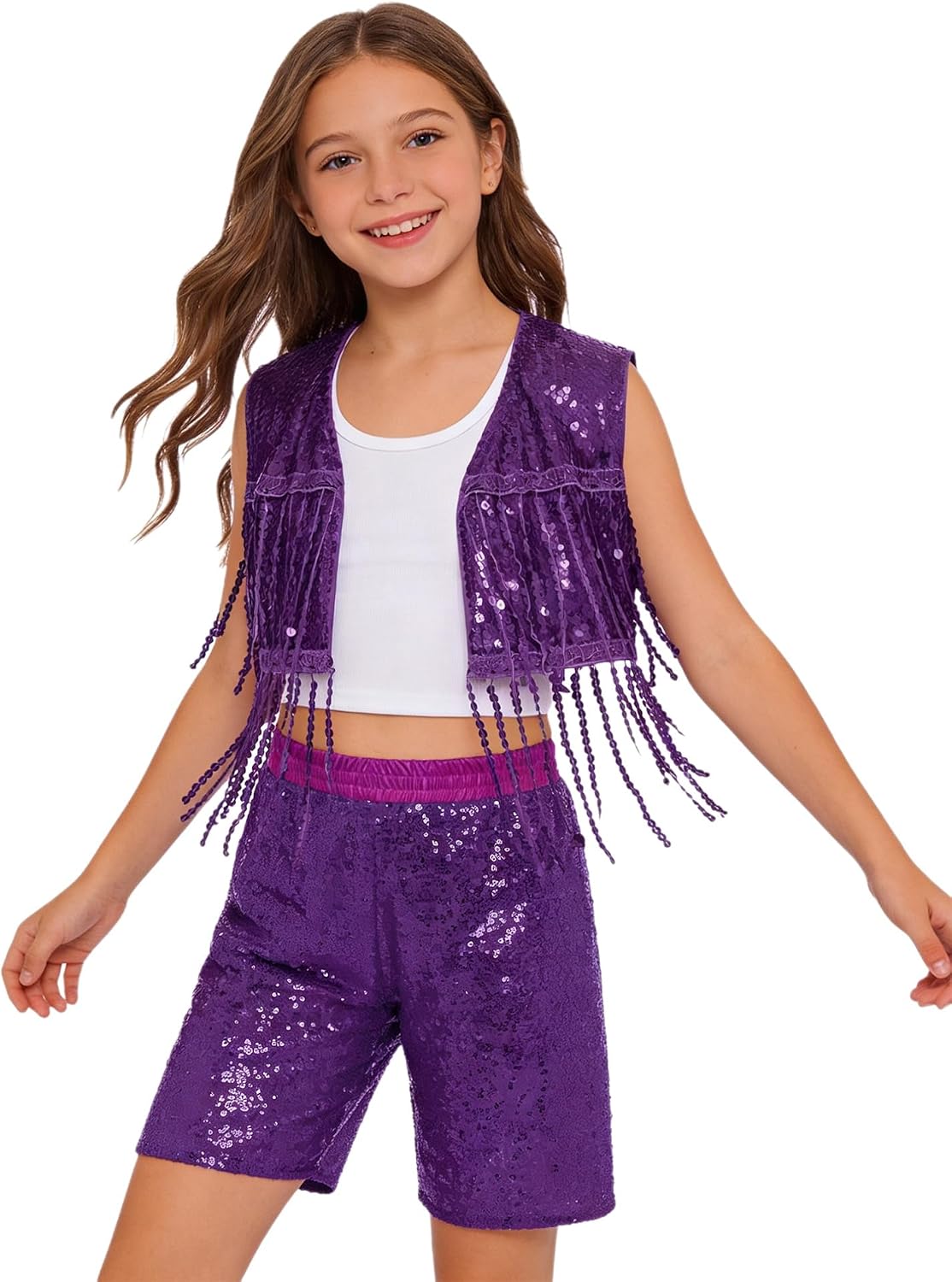 XUNZOO Kids Sequin Costumes Jazz Dance Dress Sets Ballroom Dancewear Shiny Shorts and Top Set for Performance