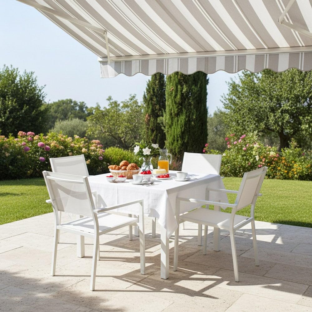 MONTY Set de 2 Sillas Thais de Aluminio Blanco y Textileno Blanco, Elegantes, Apilables, Ligeras y Resistentes, Tratamiento anticorrosión para Exteriores, de 56x56x86 cm