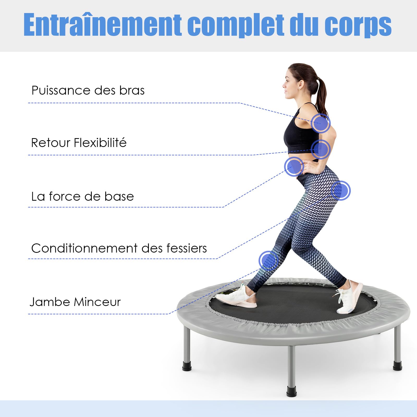 Trampoline Fitness Pliable Ø 97cm, Charge 150 kg, Tapis en PP, 32 Ressorts en Acier, 6 Patins Antidérapants, Trampoline Enfants Adultes Interieur, 360° Protection, Couverture Rembourrée