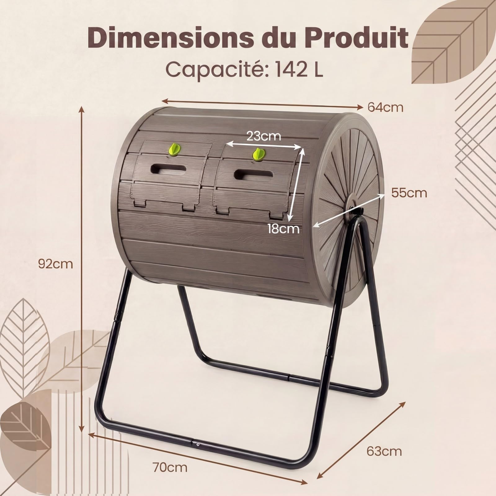 GYMAX Composteur 142L Rotatif à 360°, Bac à Compost Extérieur à Deux Compartiments, avec Portes Verrouillables et Socle Métallique, pour Déchets Alimentaires et Jardinage (Noir)