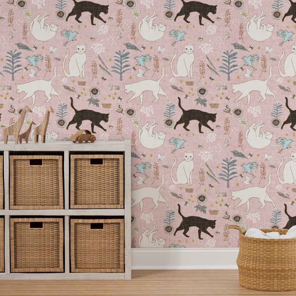 Peel & Stick Wallpaper 12ft x 2ft - Cat Bee Garden Flower Daffodil Flowers Dark Spring Summer Bird Blush Custom Removable Wallpaper by Spoonflower