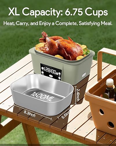 Miniatura 4 de Fiambrera eléctrica, calentador automático de alimentos de 6.75 tazas (212 °F), contenedor de comida portátil recargable para oficina, viajes, Verde
