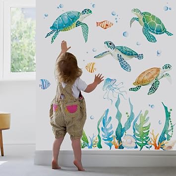 Runtoo Sea Turtle Wall Decal Under the Sea Coral Reef Seaweed Wall Stickers Ocean Grass Bathroom Bedroom Baby Nursery Home Decor