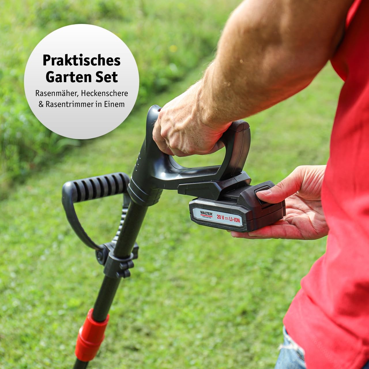 WALTER Akku Rasenmäher Set 3in1 mit Rasentrimmer und Heckenschere 40V Rasenmäher 20V Gartengeräte Set inkl 2X Akku und Schnellladegerät
