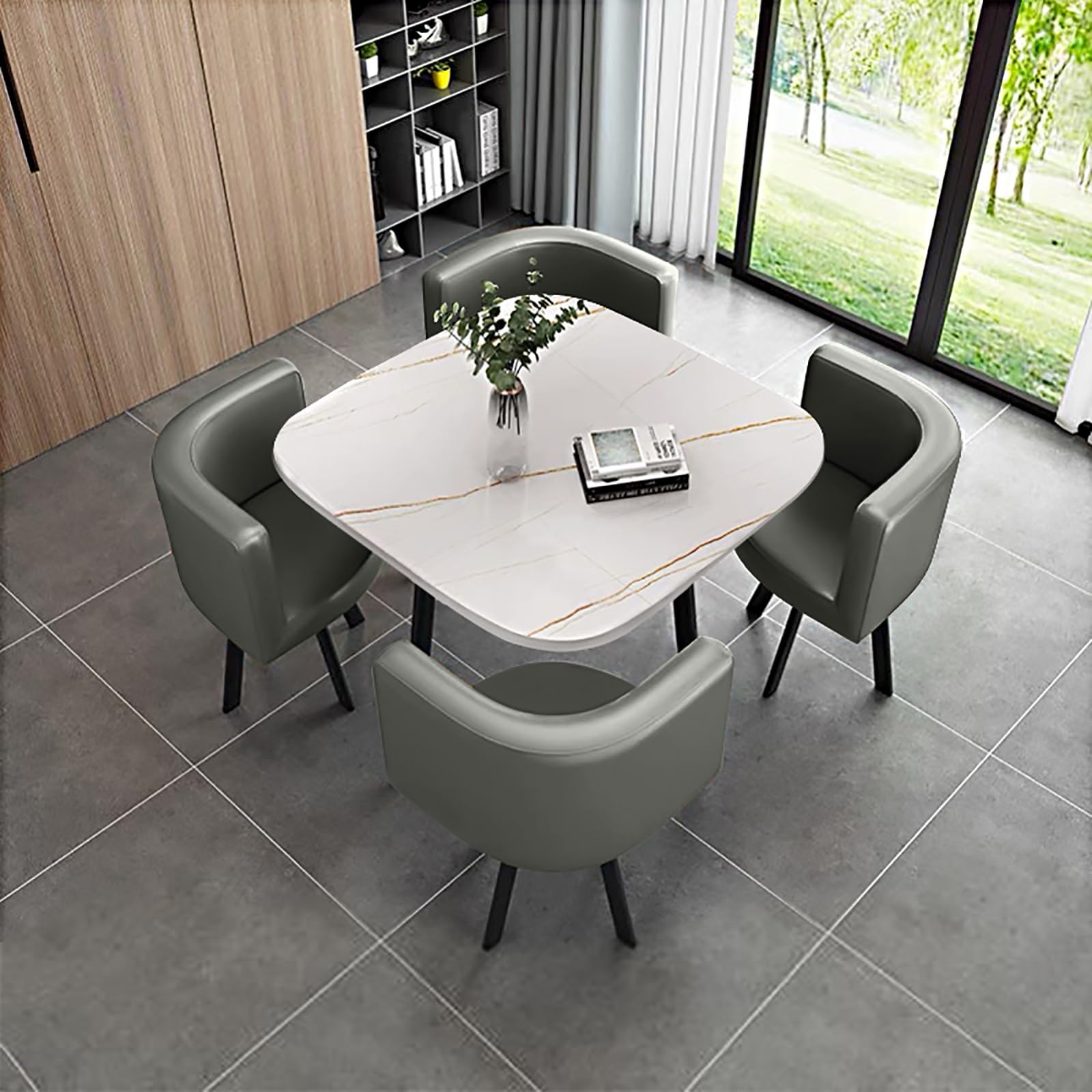 Round Dining Table Set for 4 with Marble Top and Chairs Office Reception Desk and Chair Set Suitable for Lounge Living Room Modern Furniture Dining Set,Light Gray 1-Square-Cortex