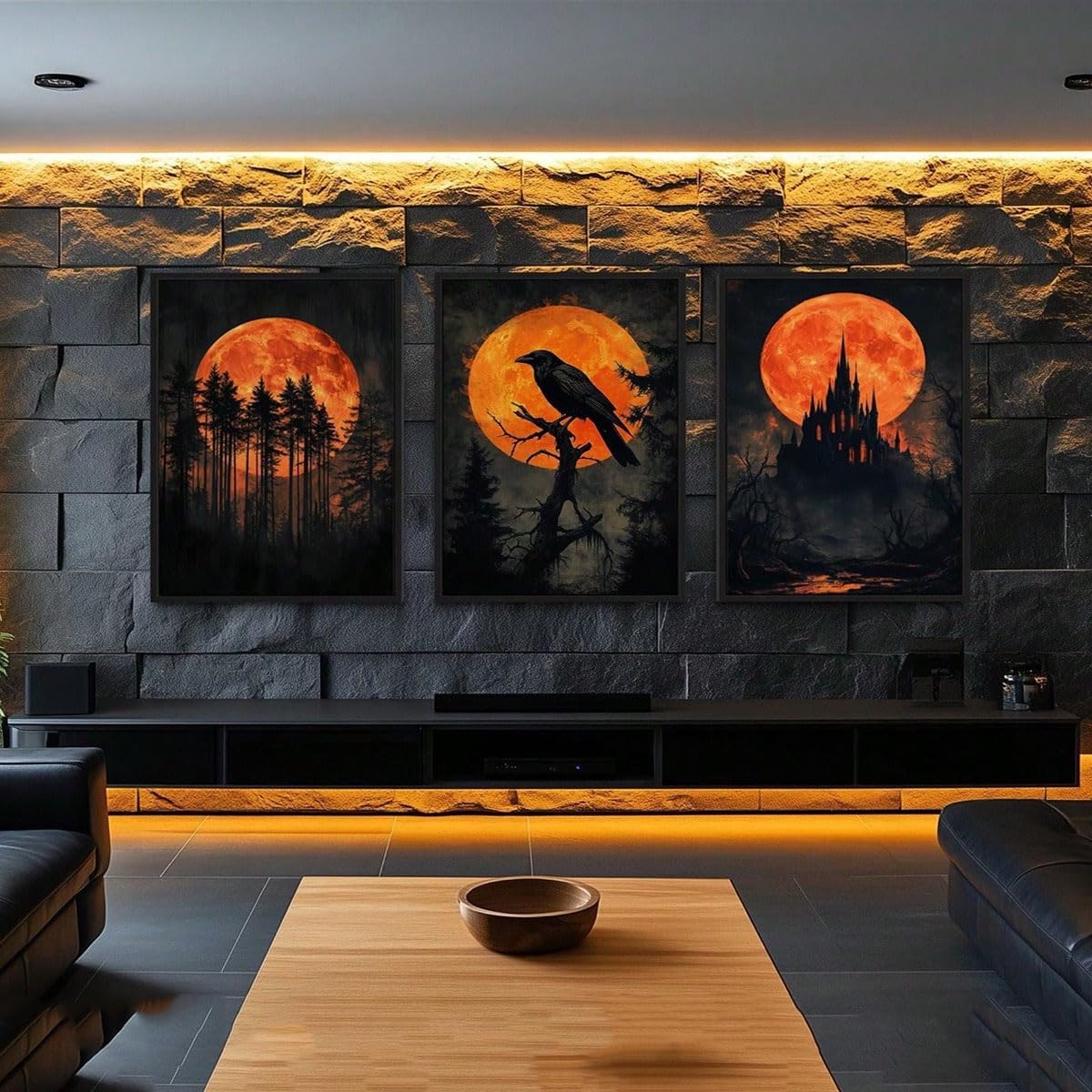 Cuadro decorativo de Halloween de 3 piezas: Cuervo en un árbol, decoración gótica de castillo embrujado (70x90cm x 3/con marco)