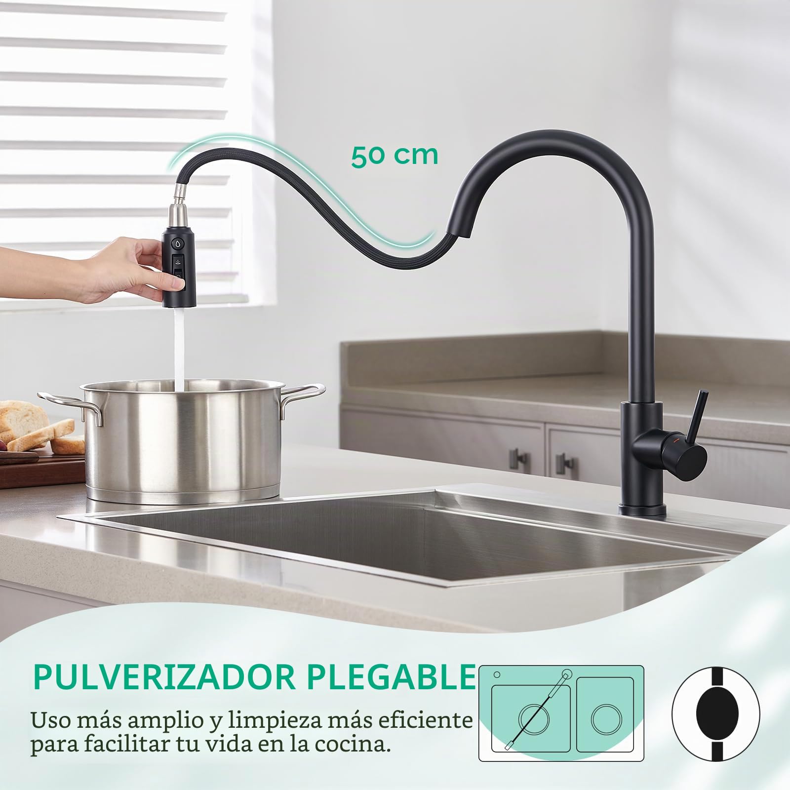 CREA Grifo de cocina de 3 vías,3 En 1 Grifo De Fregadero,Negro Mate | Giratorio a 360° Grifo Monomando Fregadero De Cocina Para Filtro De Agua , De Cocina Para Sistemas De Ósmosis