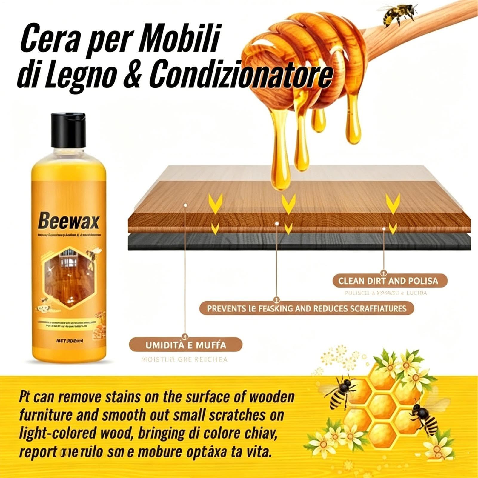 Bee's Wax Agente Lucidante Per Mobili 2pcs 100ml Con Spugna