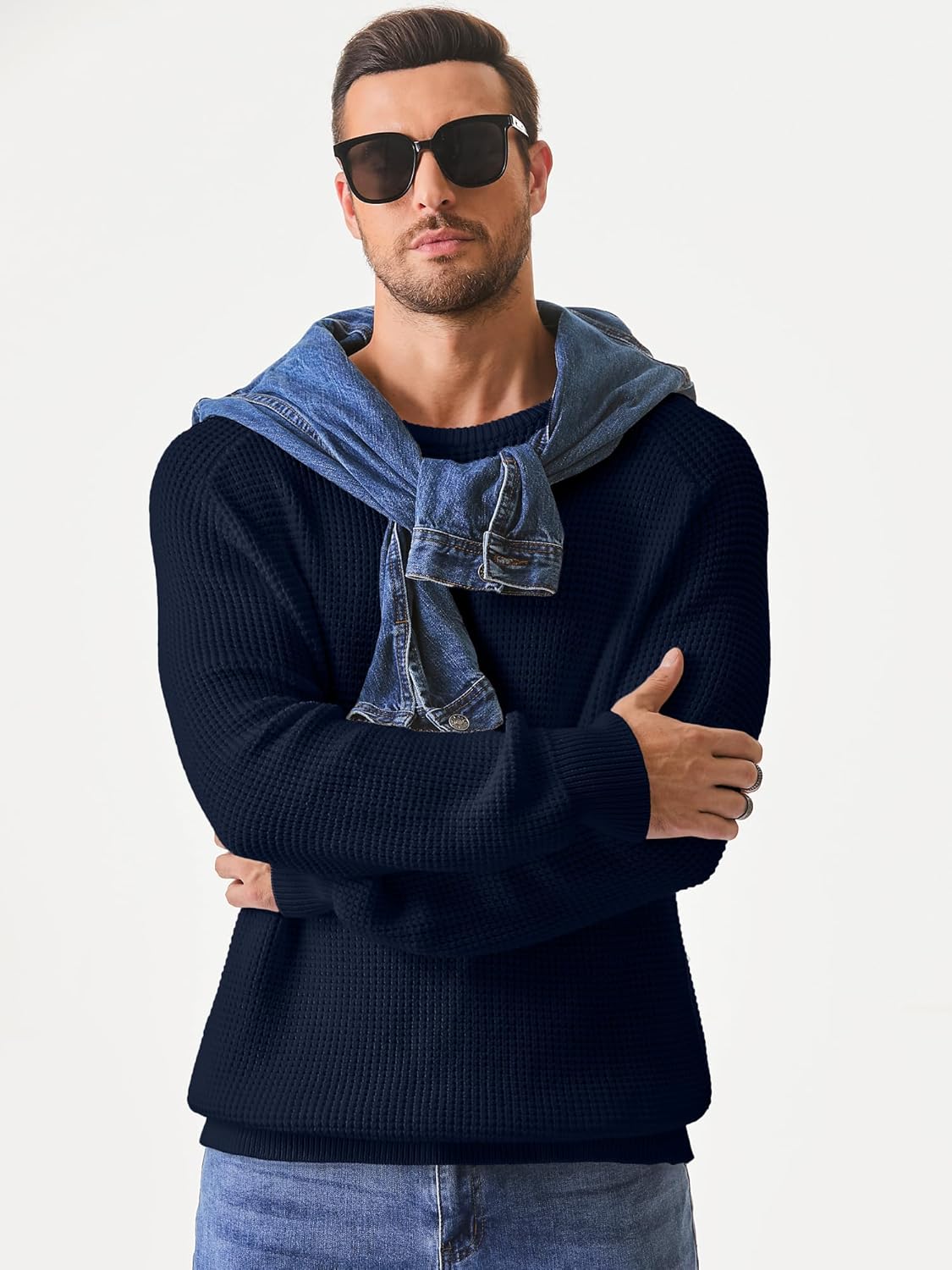 JMIERR Men's Crewneck Pullover Sweater Waffle Textured Knitted Sweaters Casual Loose Fit Sweaters with Ribbing Edge - Image 4