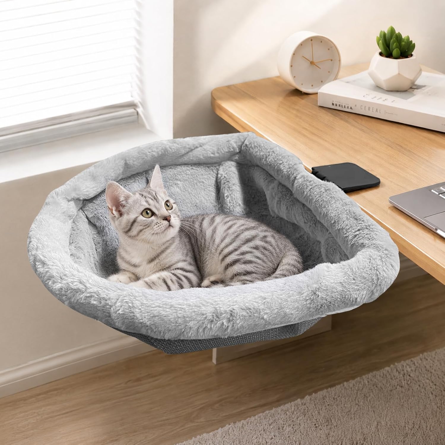 Cat Desk Bed Cat Hammock Adjustable Clamp-On Frame Kitties Perch | Heavy Duty Steel Frame, Soft Plush Washable Warm Seat, Fits Most Home Office Desks, Hold Up to 40 lbs Indoor Kittens